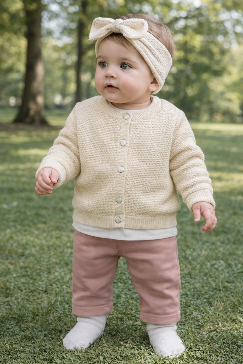 Baby Girl Knitted Cardigan, Trousers, Headband and Socks Set - Ecru - Has Bereket - by Peralane