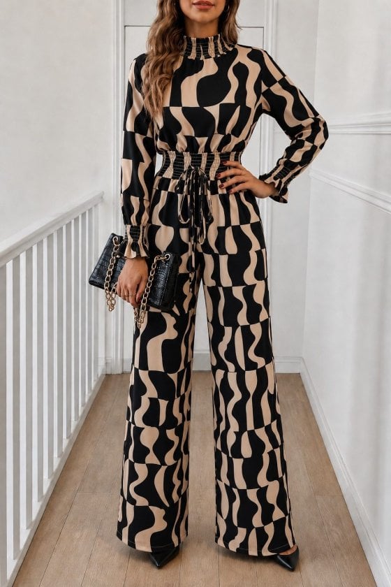Women's Long-Sleeve High-Neck Drawstring Waist Jumpsuit - Janes - by Peralane