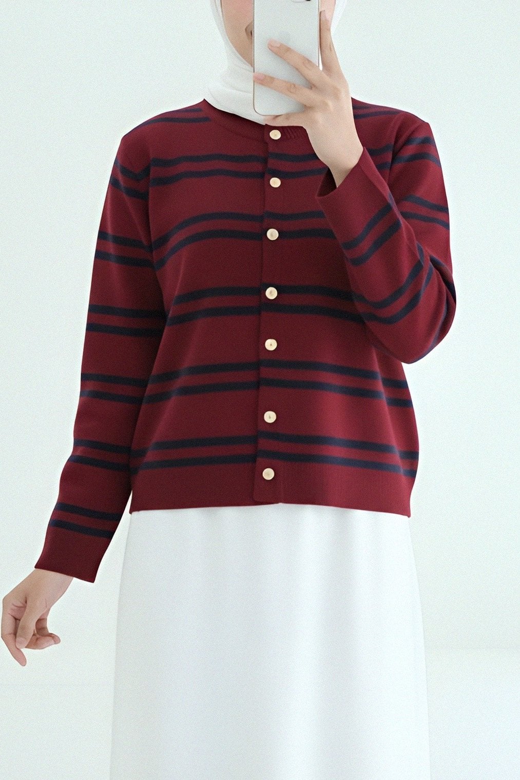 Striped Knit Cardigan with Shiny Buttons - Burgundy - Podyumplus - by Peralane - photo 5