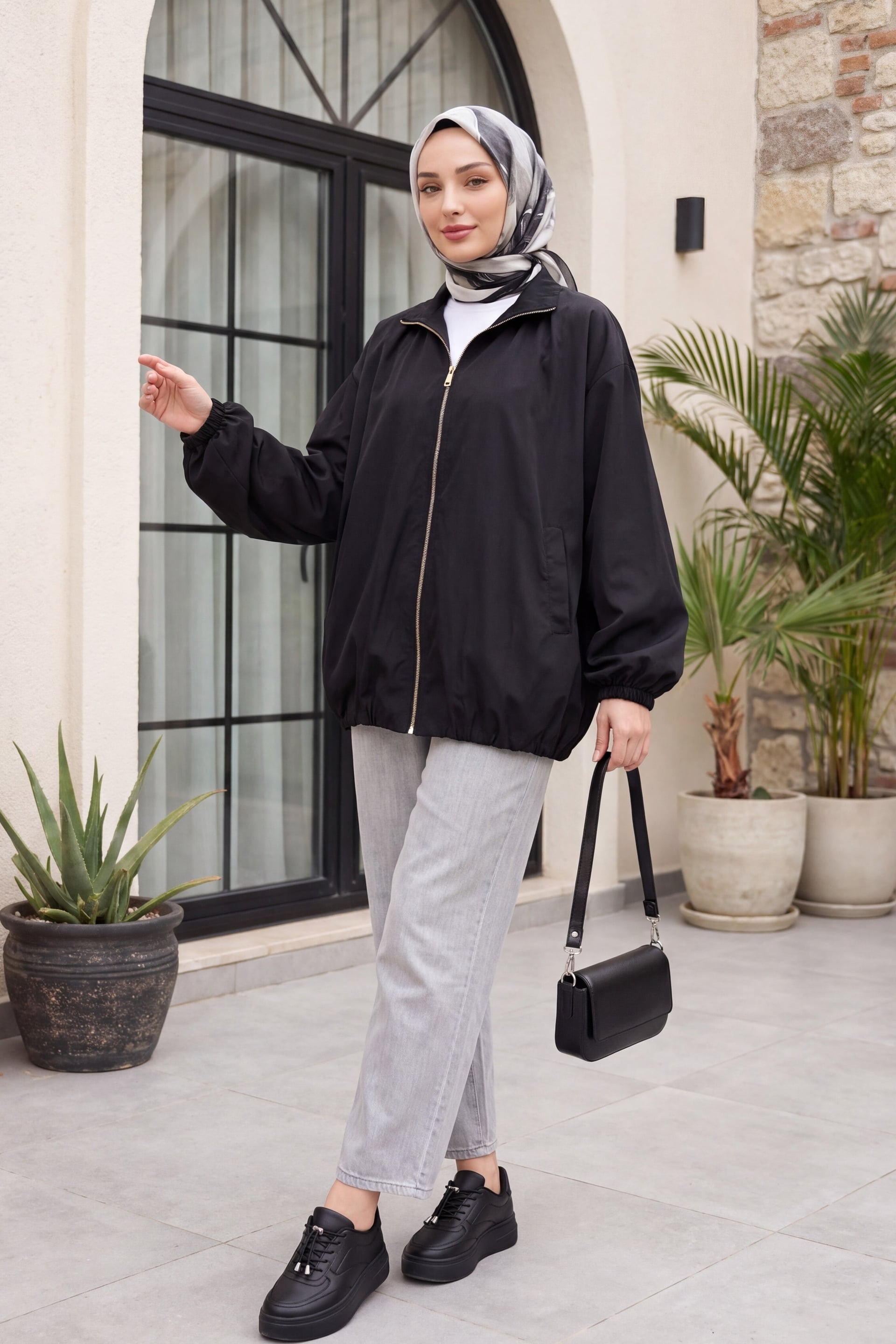 Black Stand Collar Zip-Up Lined Parachute Jacket with Elastic Cuffs and Hem - Podyumplus - by Peralane - photo 4