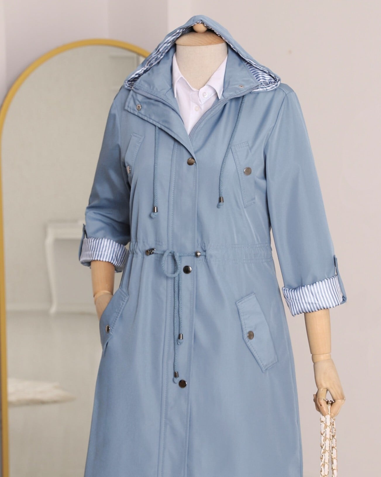 Striped Lined Trench Coat - Light Blue - Podyumplus - by Peralane - photo 7