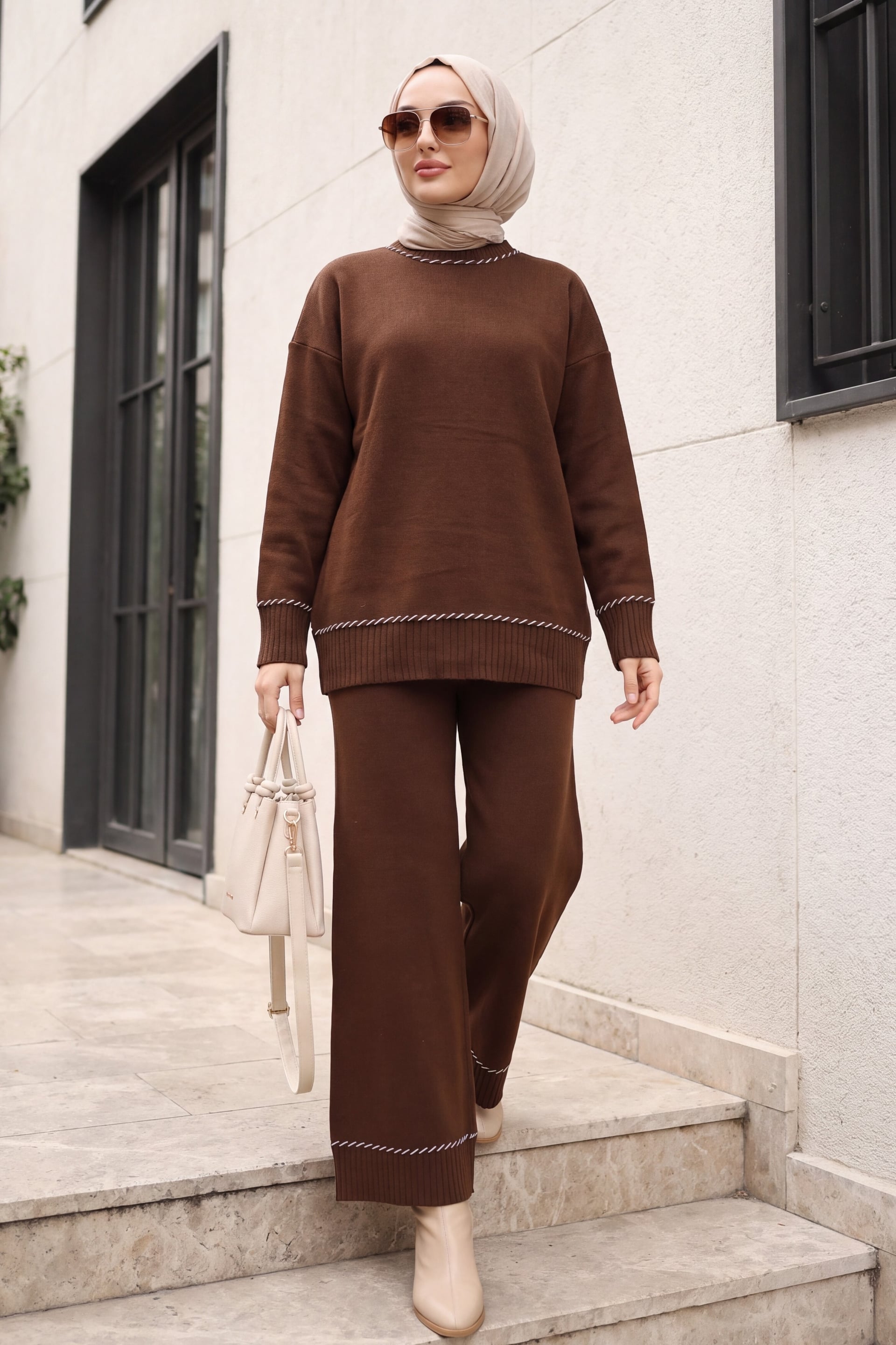Ribbed Trim Two-Piece Knit Lounge Set - Brown - Podyumplus - by Peralane - photo 3