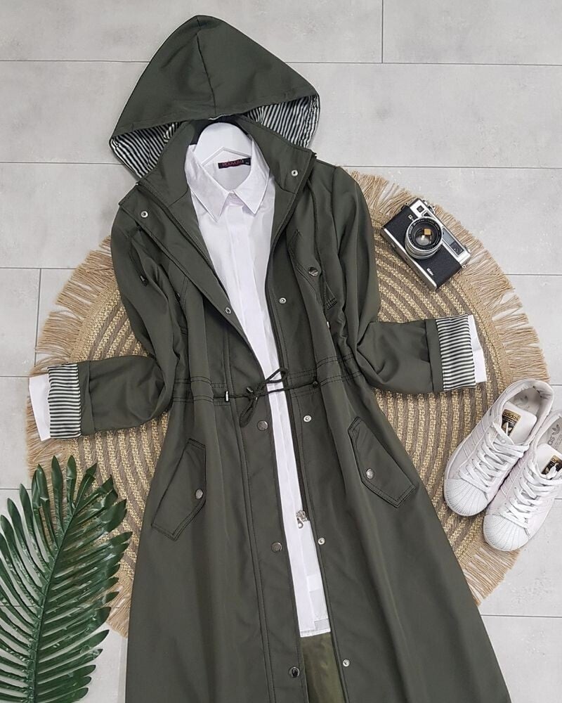 Striped Lined Trench Coat - Khaki - Podyumplus - by Peralane - photo 7