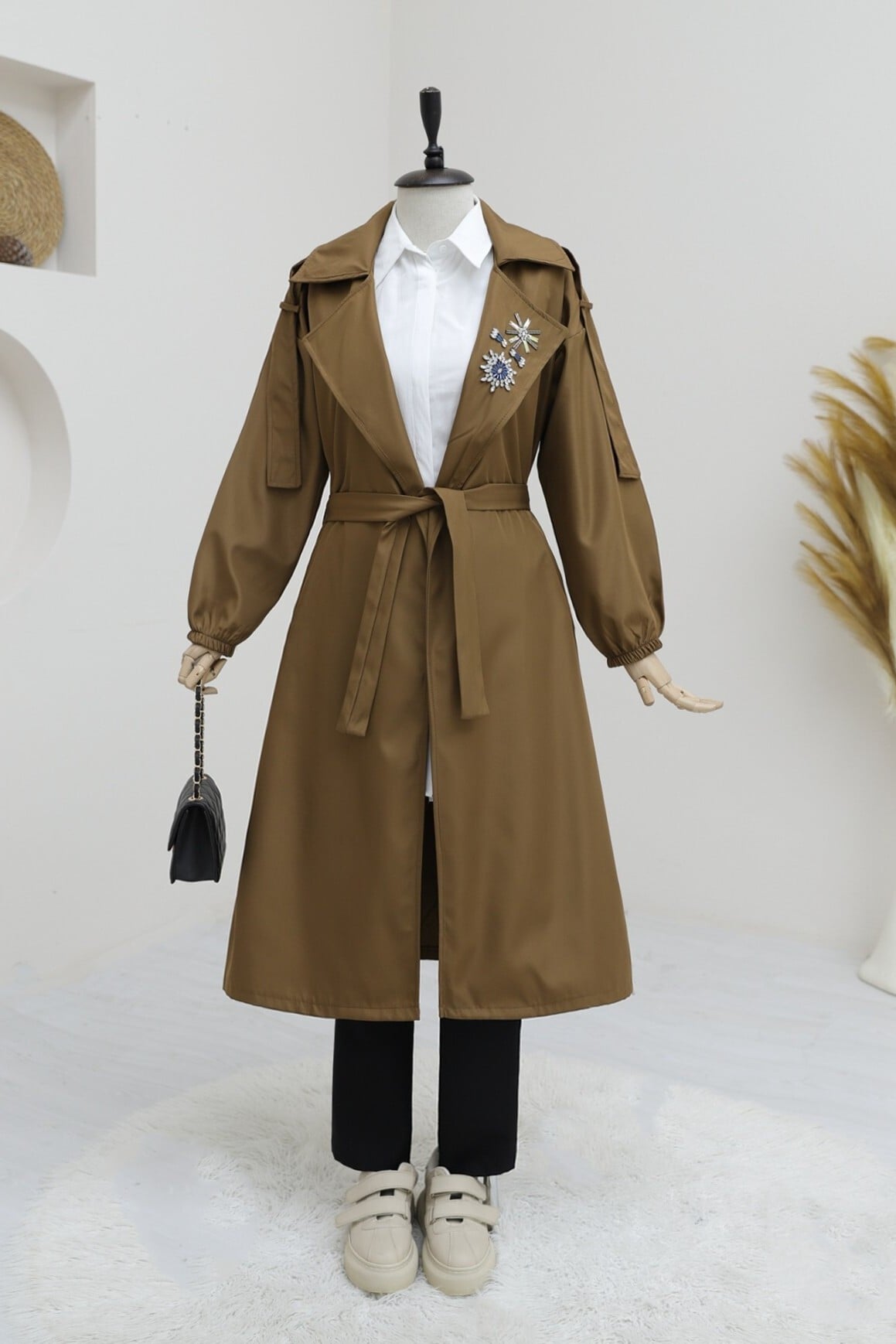 Brooch Detail Balloon Sleeve Trench Coat - Tan - Podyumplus - by Peralane - photo 2