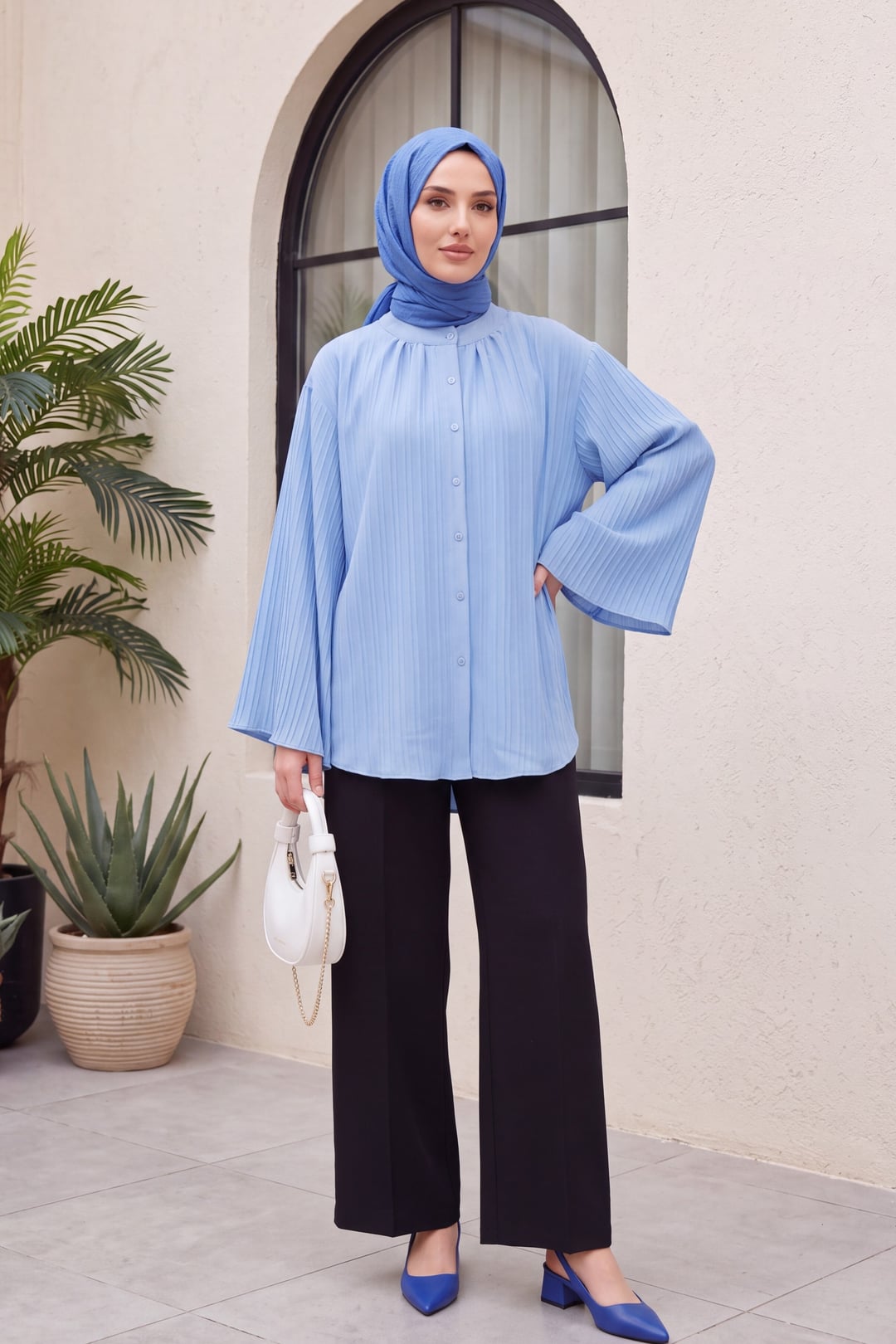 Round Neck Button-Up Spanish Sleeve Siena Tunic - Blue - Podyumplus - by Peralane - photo 3