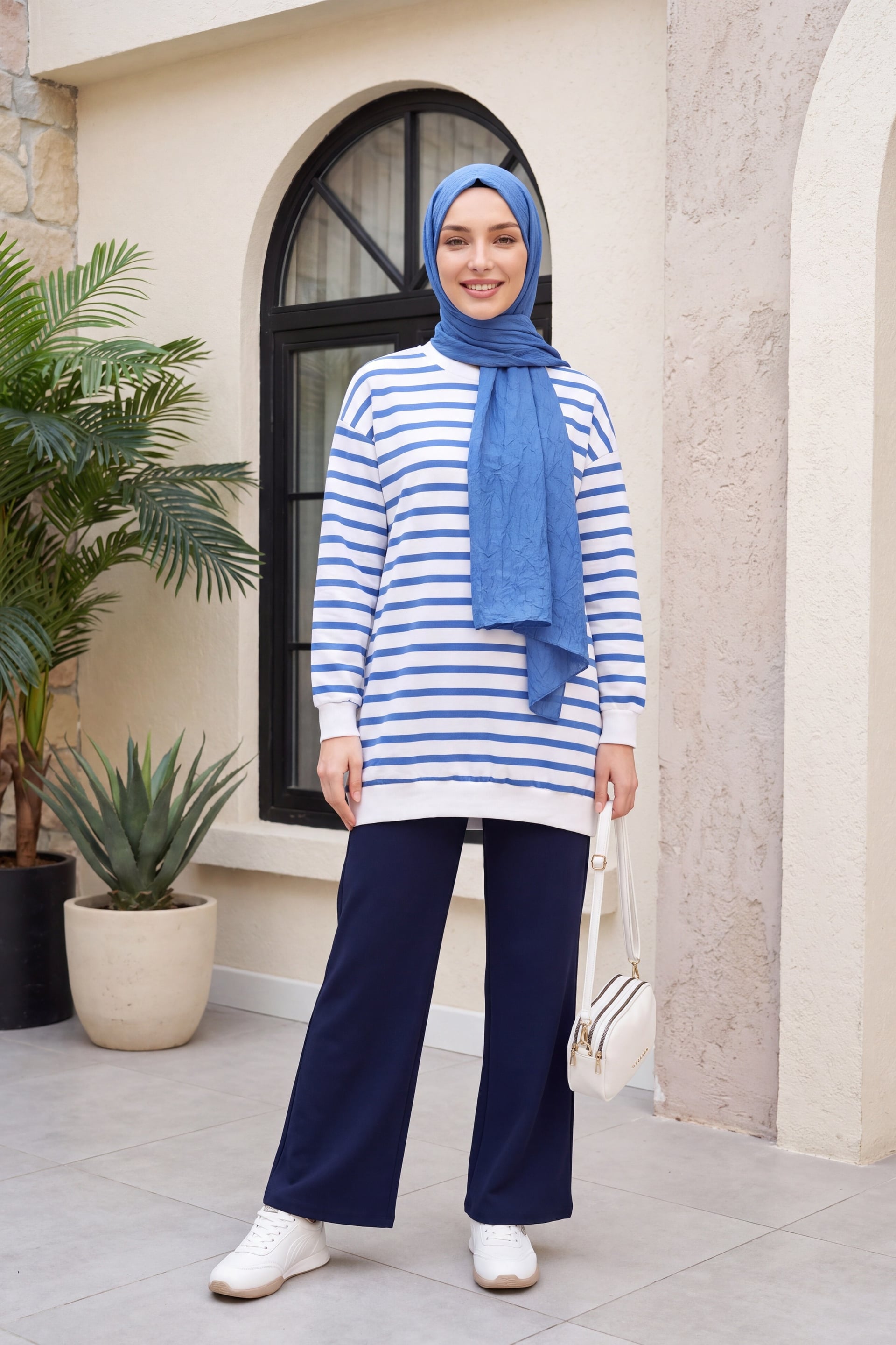 Women's Striped Crew Neck Sweatshirt - Indigo - Podyumplus - by Peralane - photo 2