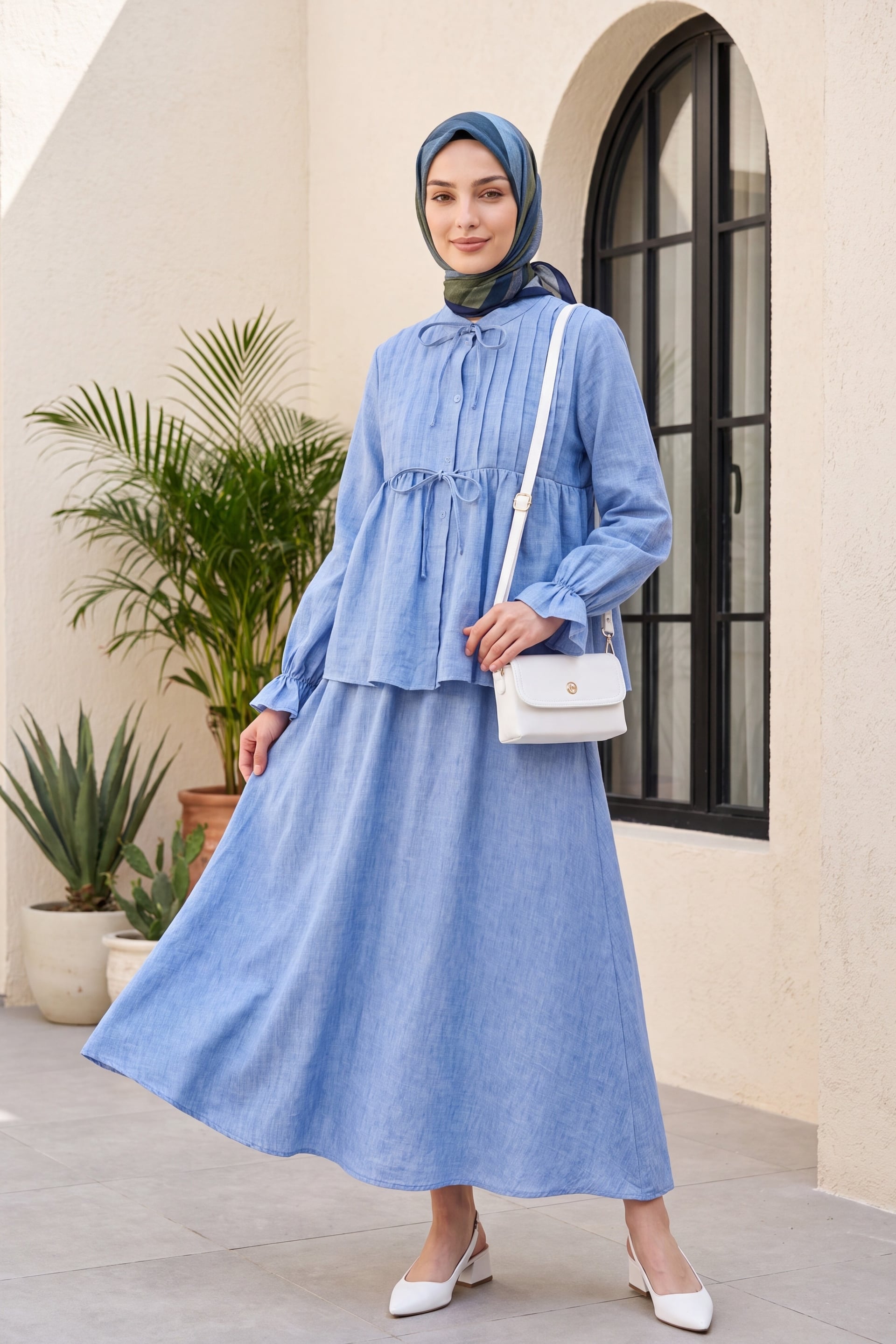 Women's Half-Button Linen Look Two-Piece Set with Tie Waist and Elasticated Cuffs - Blue - Podyumplus - by Peralane - photo 6