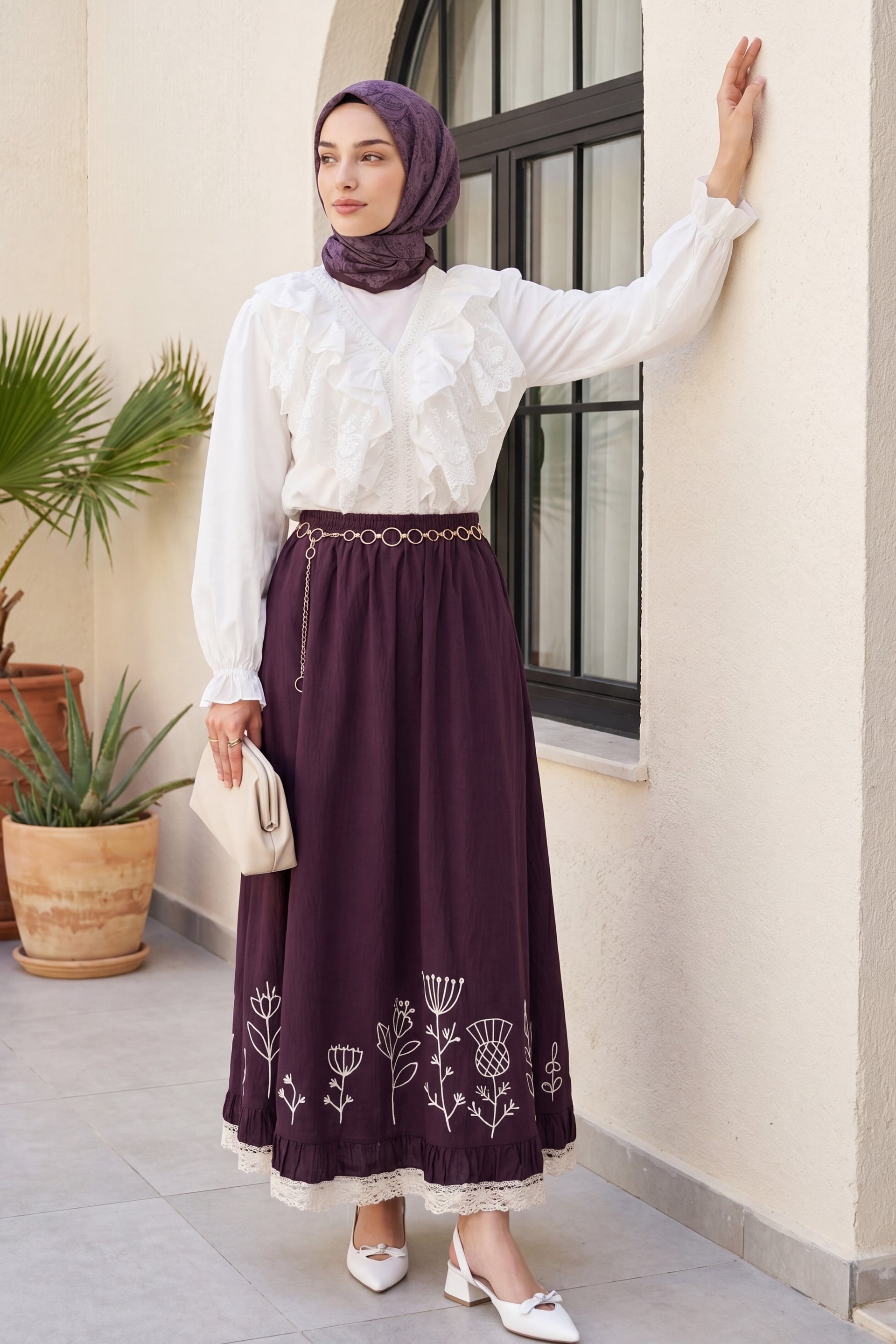 Lace Embroidered Elasticated Waist Skirt - Plum - Podyumplus - by Peralane - photo 3
