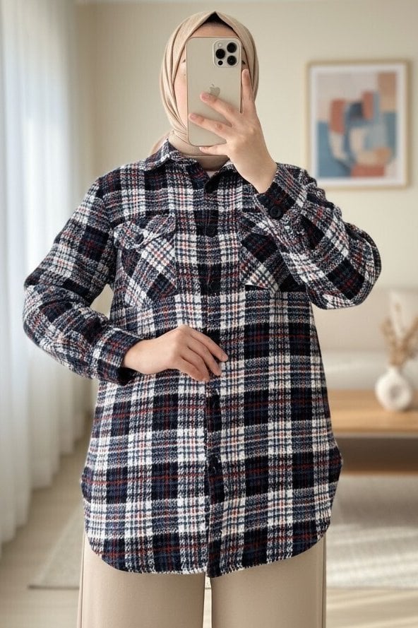Flap Pocket Tweed Shirt - Navy - Podyumplus - by Peralane - photo 3