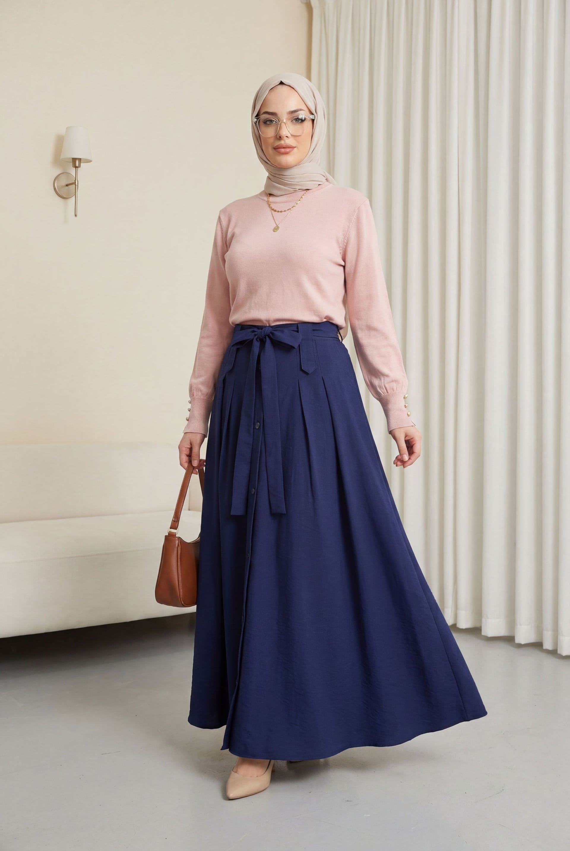 Women's Round Neck Knit Tunic with Button Cuff Detail - Powder Pink - Podyumplus - by Peralane - photo 2