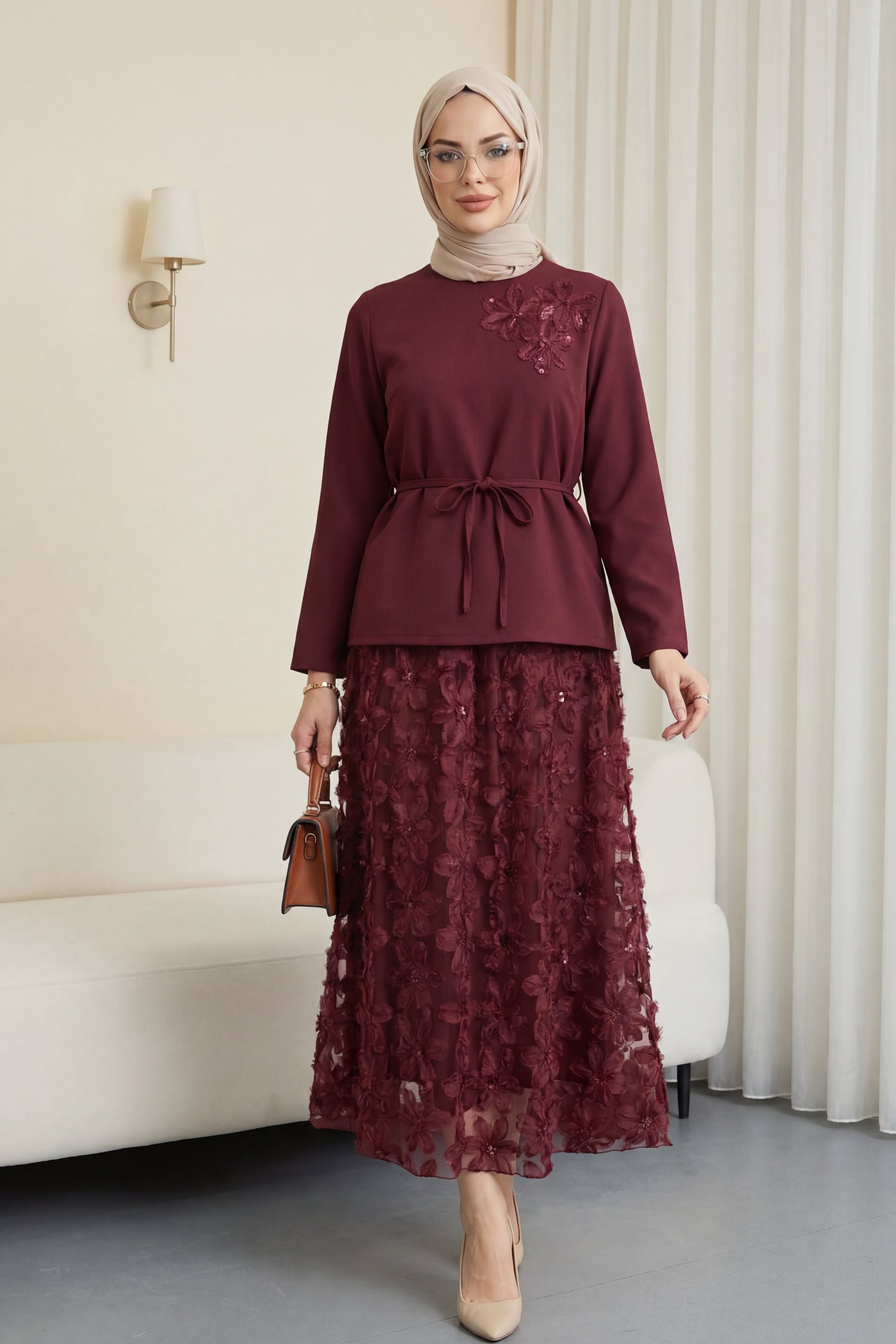 Burgundy Floral Applique Crepe Two-Piece Set with Maxi Skirt - Podyumplus - by Peralane