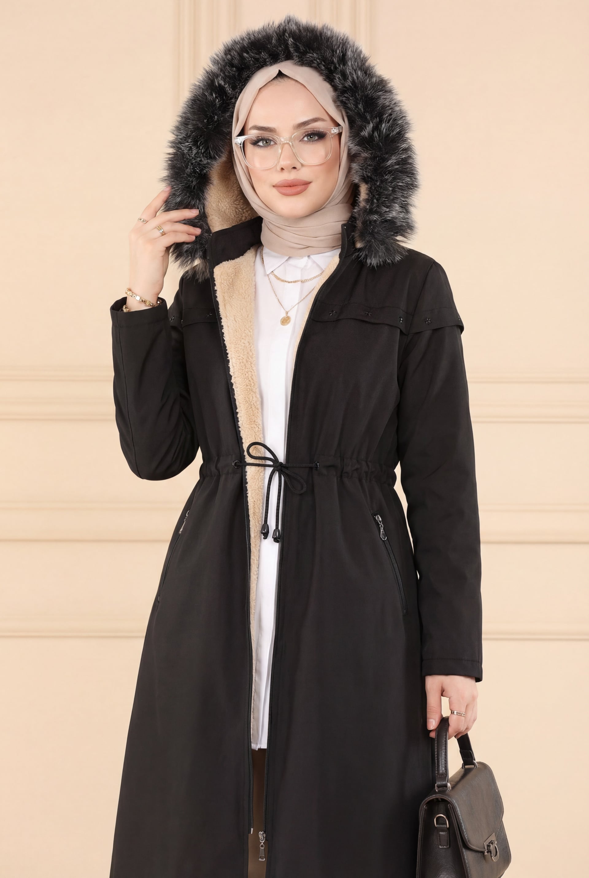 Black Hooded Drawstring Waist Coat with Faux Fur Trim - Podyumplus - by Peralane - photo 3