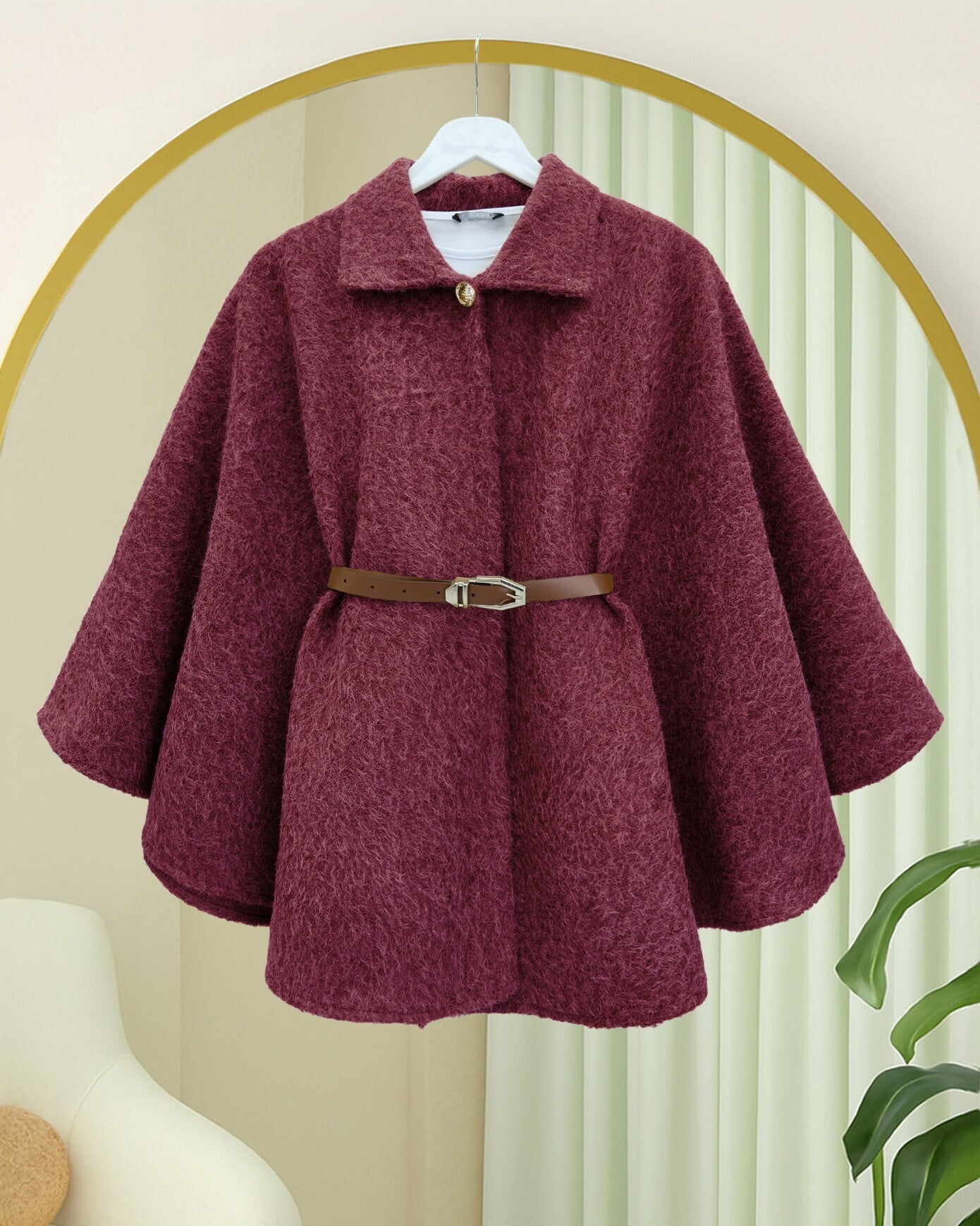 Single Button Belted Fringed Cape - Bordeaux - Podyumplus - by Peralane - photo 5