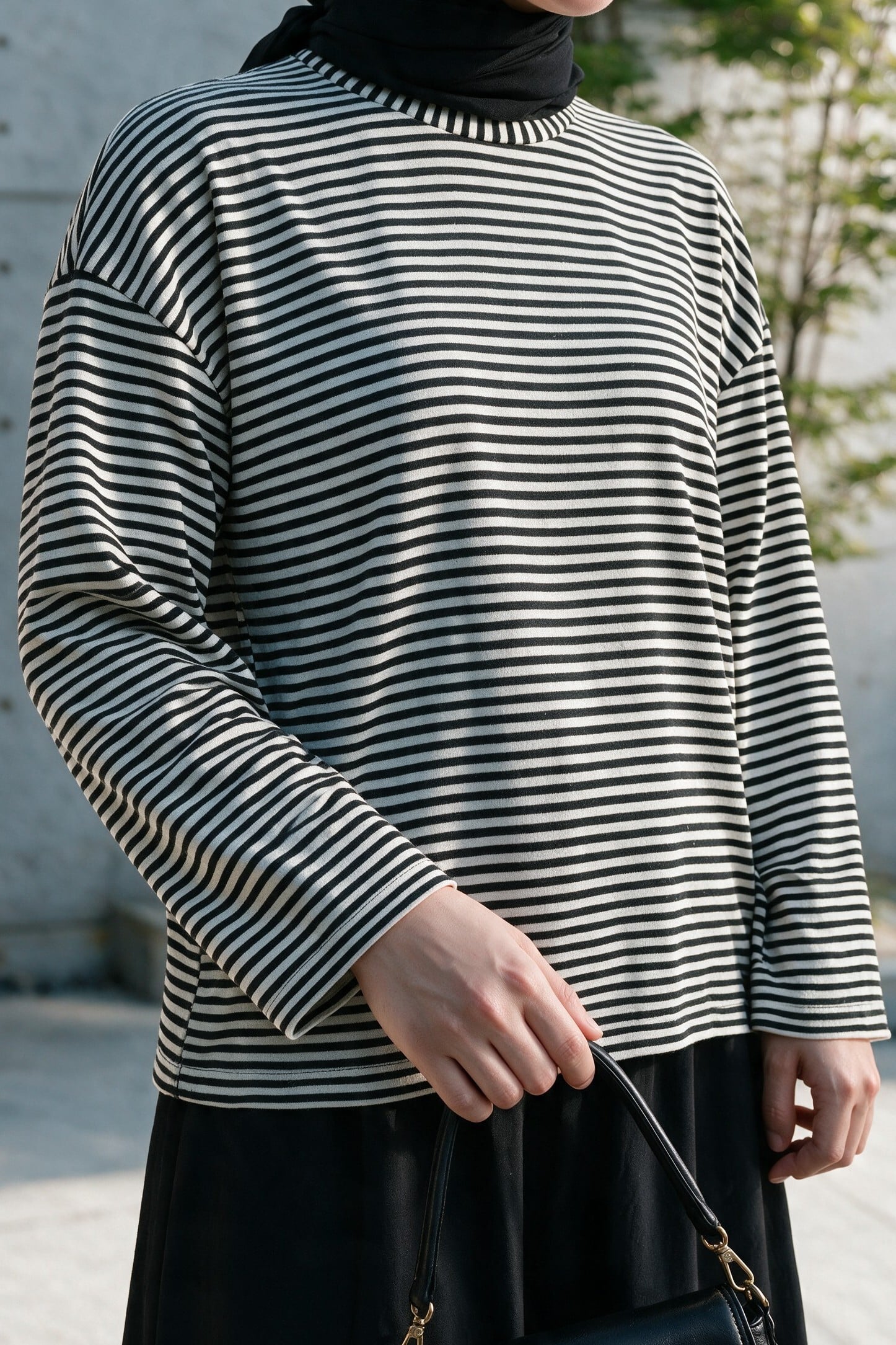 Striped Viscose Sweatshirt with Crew Neck - Black - Podyumplus - by Peralane - photo 3