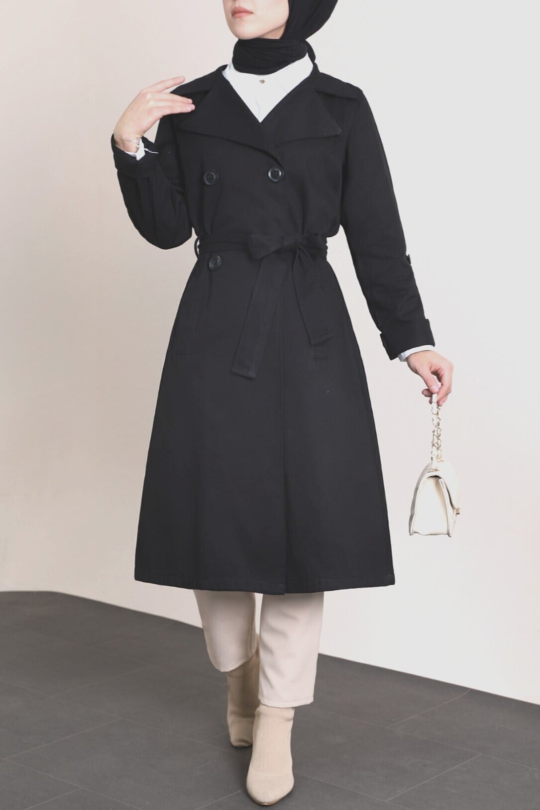 Black Double-Breasted Trench Coat with Tie Belt - Podyumplus - by Peralane - photo 5