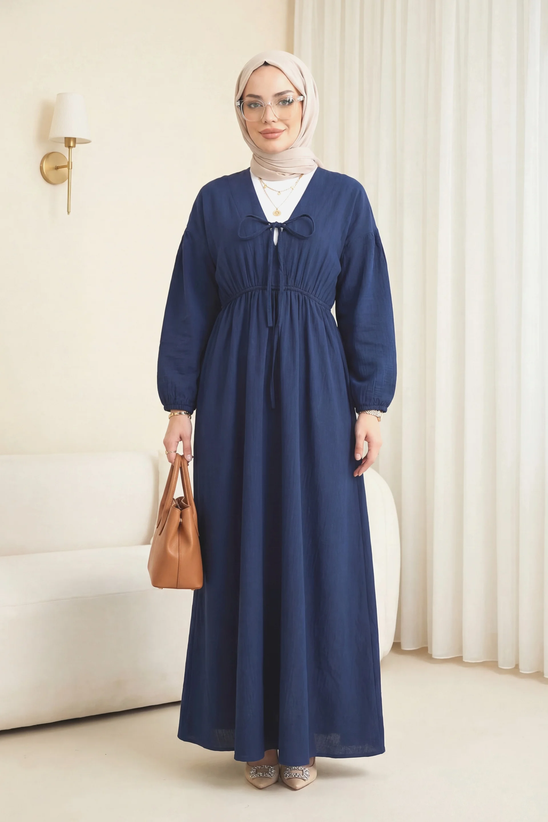 Navy Blue Tie-Front Long-Sleeve Muslin Midi Dress with Elasticated Waist - Podyumplus - by Peralane - photo 8