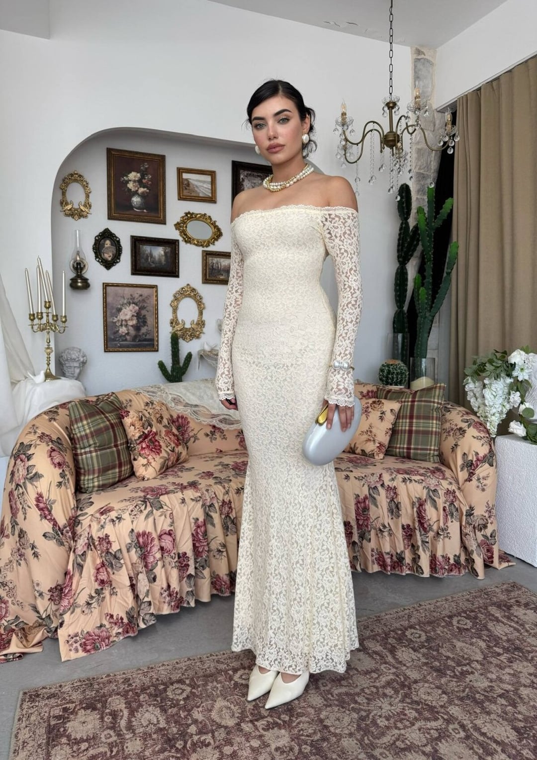 Beige Off-the-Shoulder Lace Dress with Scalloped Trim - Etika - by Peralane - photo 6