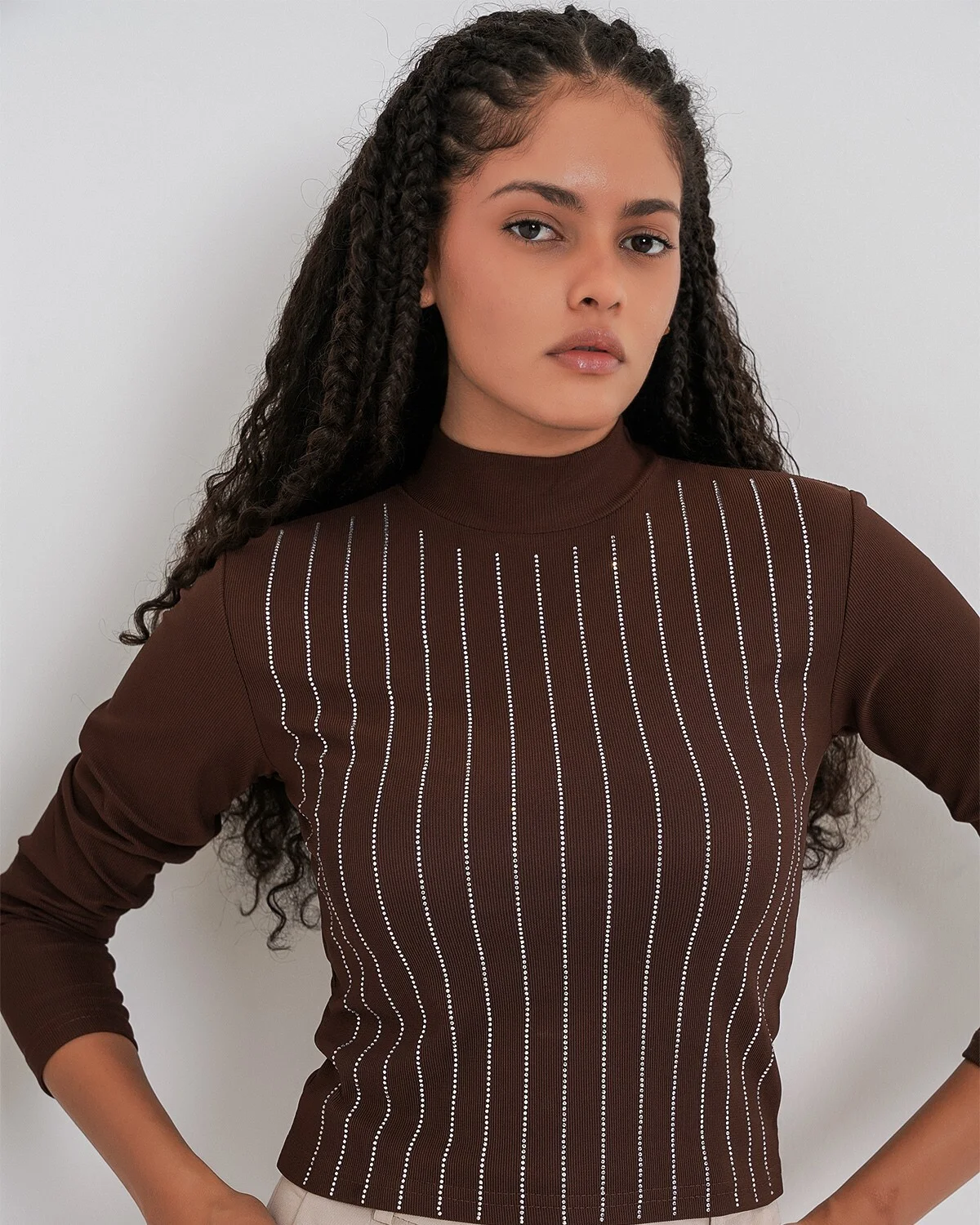 Brown Ribbed Knit Tunic with Stone Details - Bigdart - by Peralane - photo 6