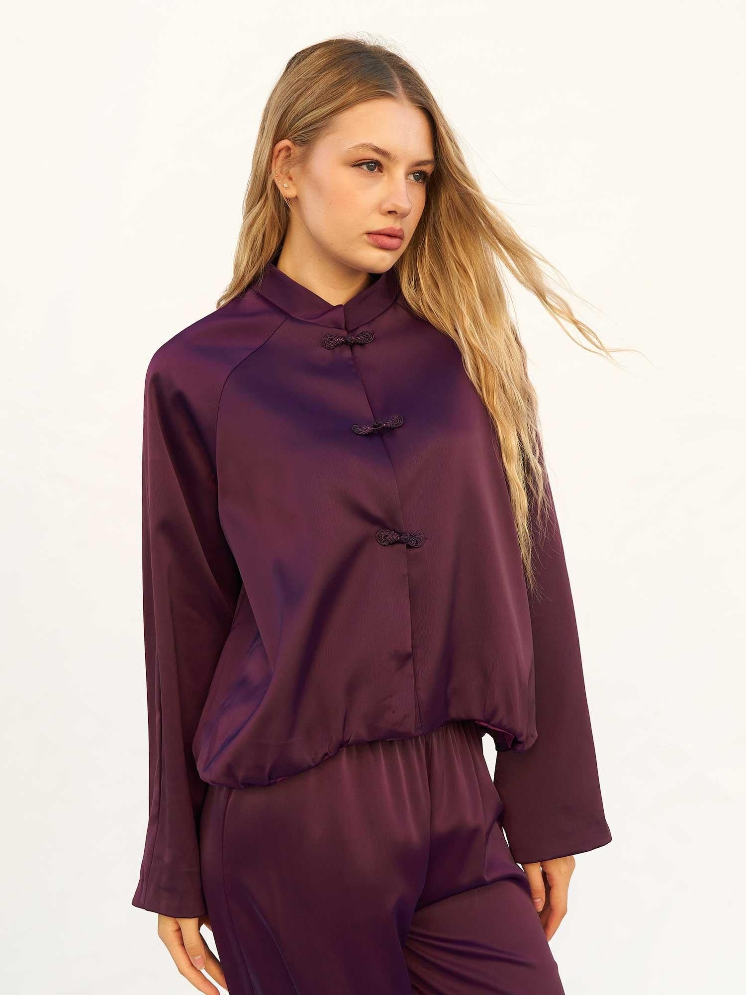 Plum Satin Bomber Jacket with Mandarin Collar - Lefon - by Peralane - photo 5