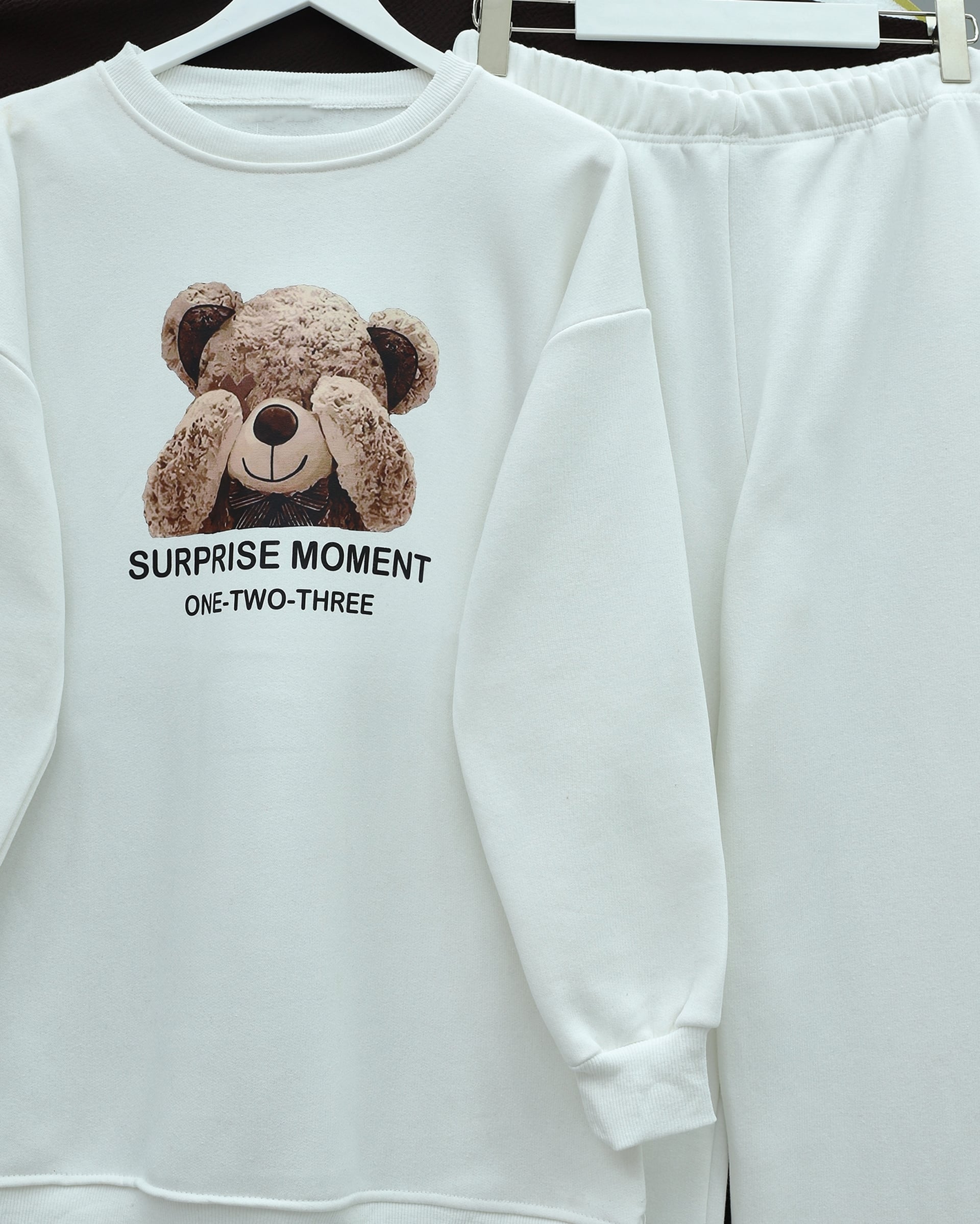 Teddy Bear Printed Brushed 3-Thread Sweatshirt and Wide-Leg Trousers Set - White - Podyumplus - by Peralane - photo 4