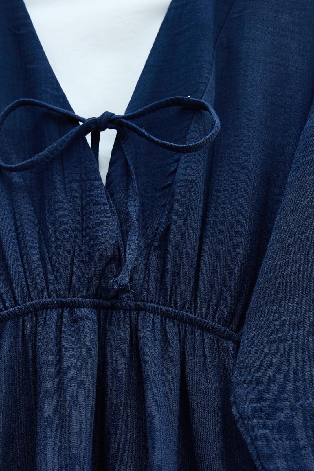 Navy Blue Tie-Front Long-Sleeve Muslin Midi Dress with Elasticated Waist - Podyumplus - by Peralane - photo 10
