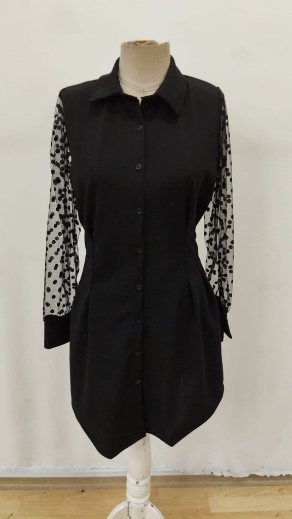 Women's Long Sleeve Collared Button-Front Mini Crepe Dress with Polka Dot Sheer Sleeves - Janes - by Peralane - photo 4