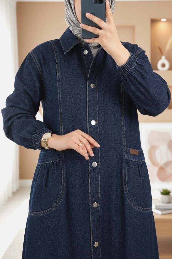 Long Denim Coat with Patch Pockets and Metal Buttons - Navy Blue - Podyumplus - by Peralane - photo 2