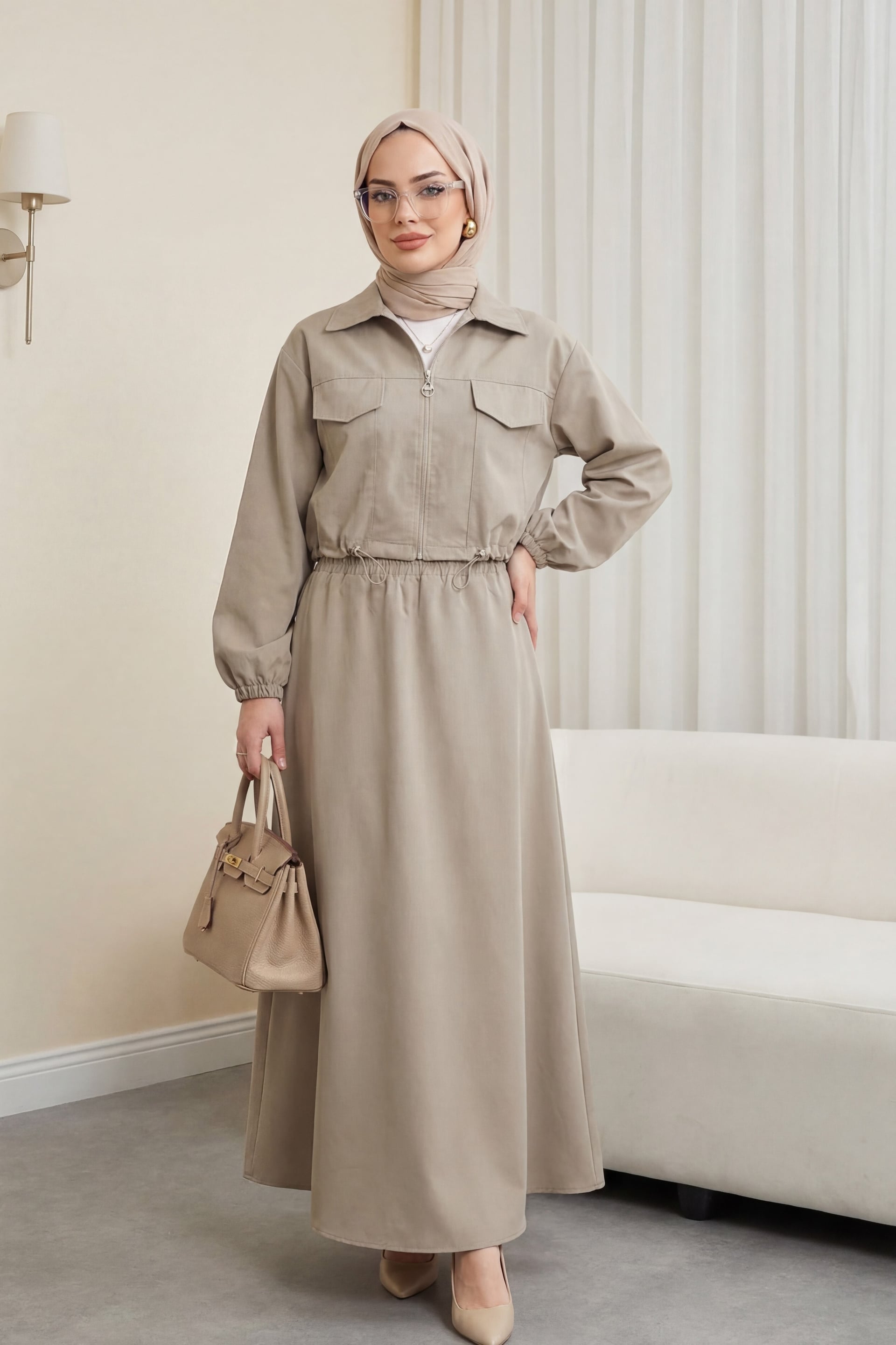 Women's Elastic Waist Skirt Co-ord Set in Stone - Podyumplus - by Peralane