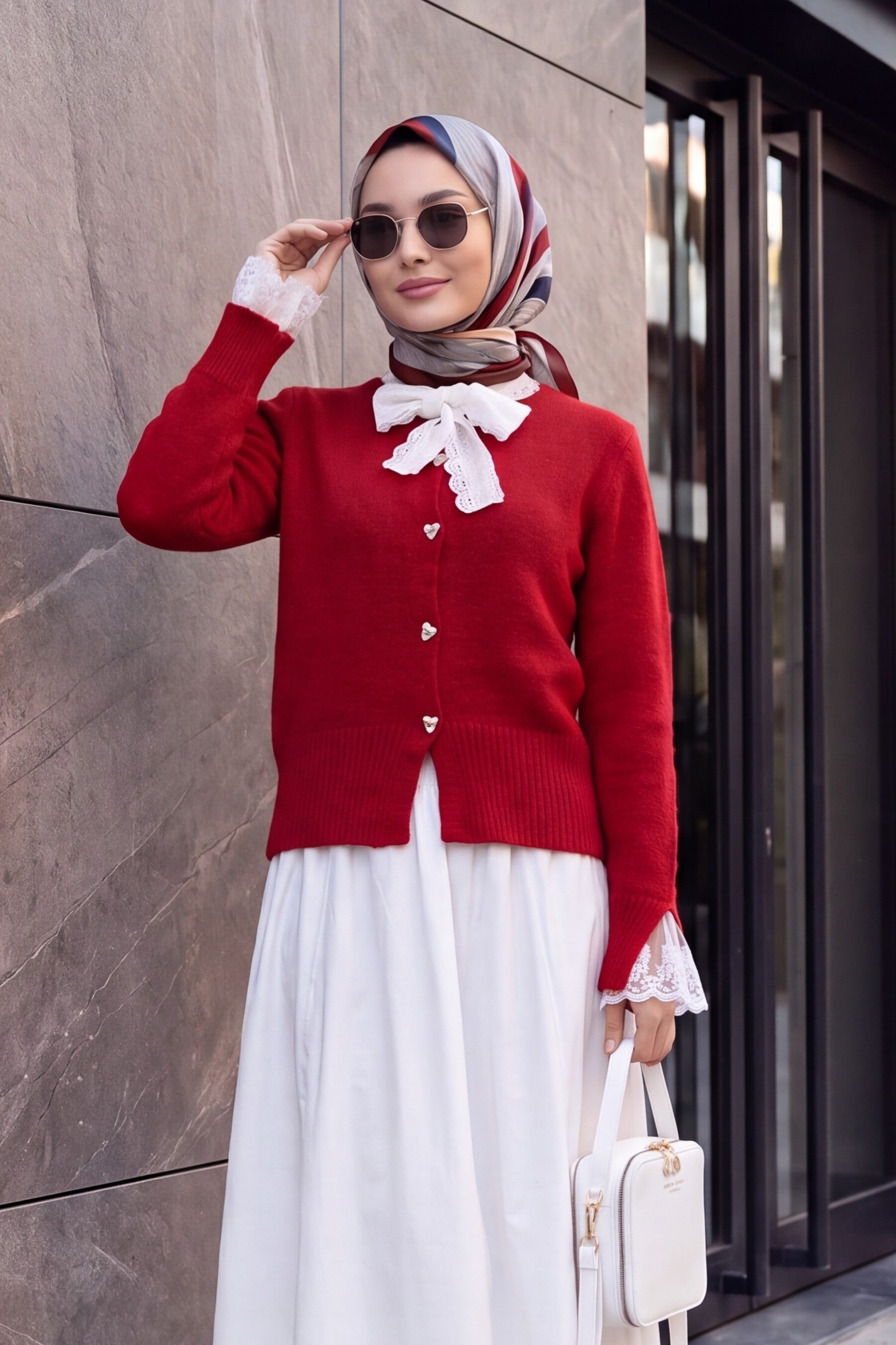 Red Knit Cardigan with Scarf Collar and Lace Details - Podyumplus - by Peralane