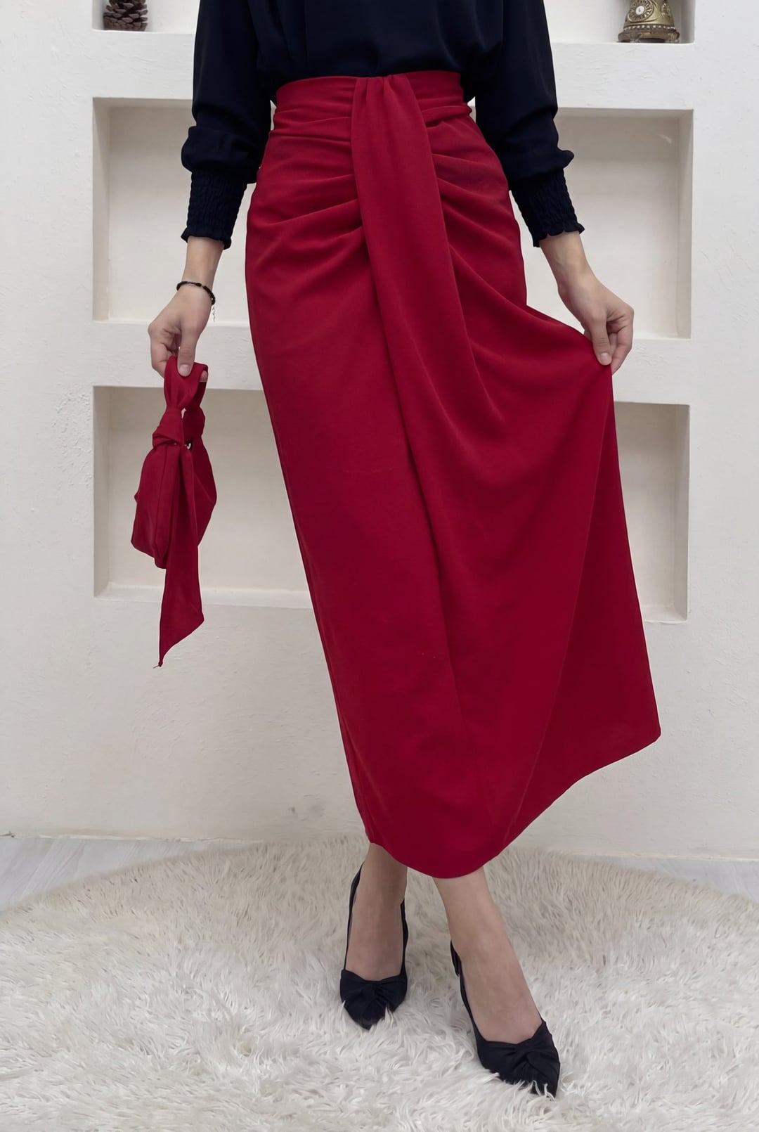 Red Draped Pleated Skirt with Back Zipper - Podyumplus - by Peralane - photo 2