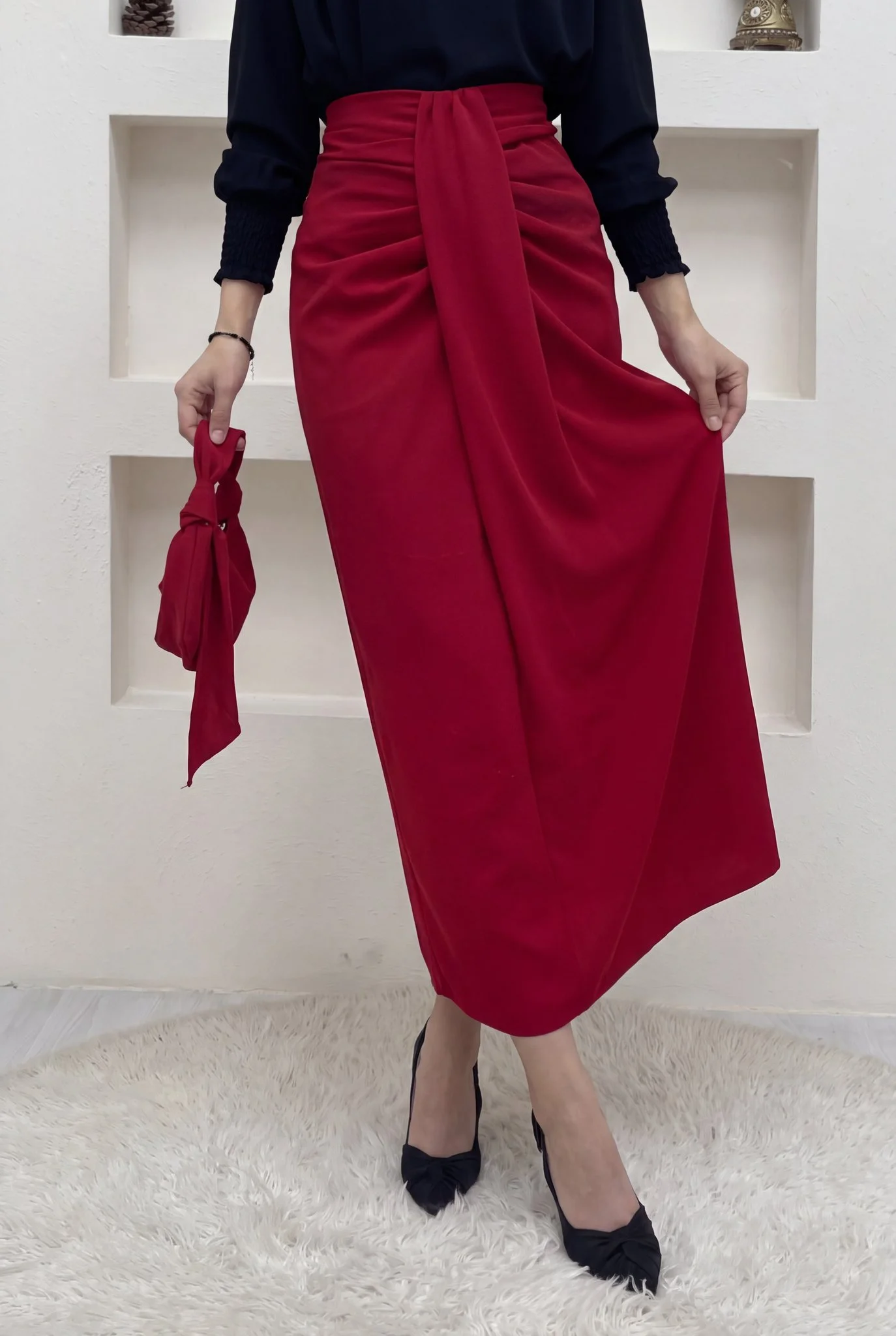 Red Draped Pleated Skirt with Back Zipper - Podyumplus - by Peralane - photo 2