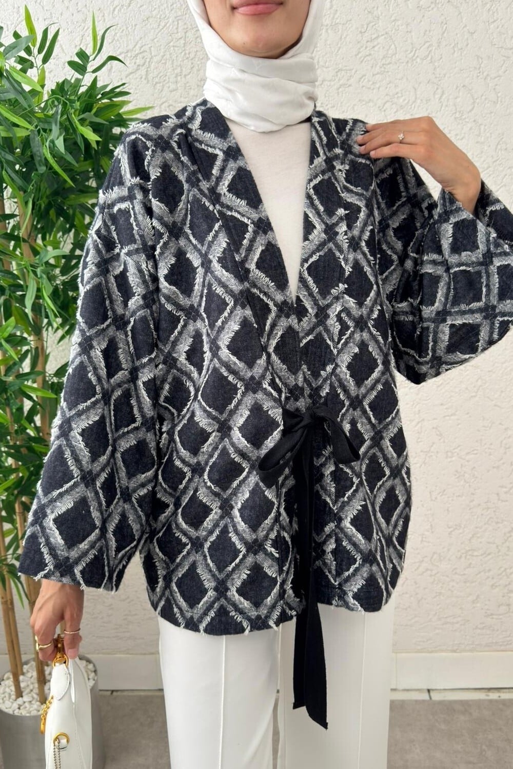 Tie-Waist Check Pattern Fringed Kimono - Dark Navy - Podyumplus - by Peralane - photo 6
