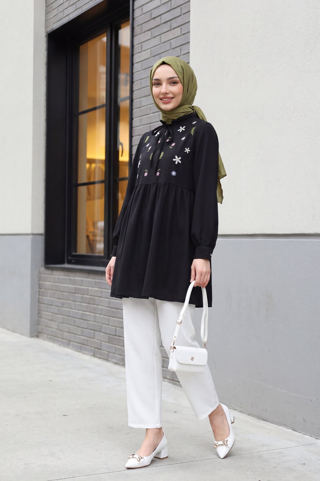 V-Neck Tie-Front Ruffled Floral Embroidered Poplin Tunic - Black - Podyumplus - by Peralane - photo 6