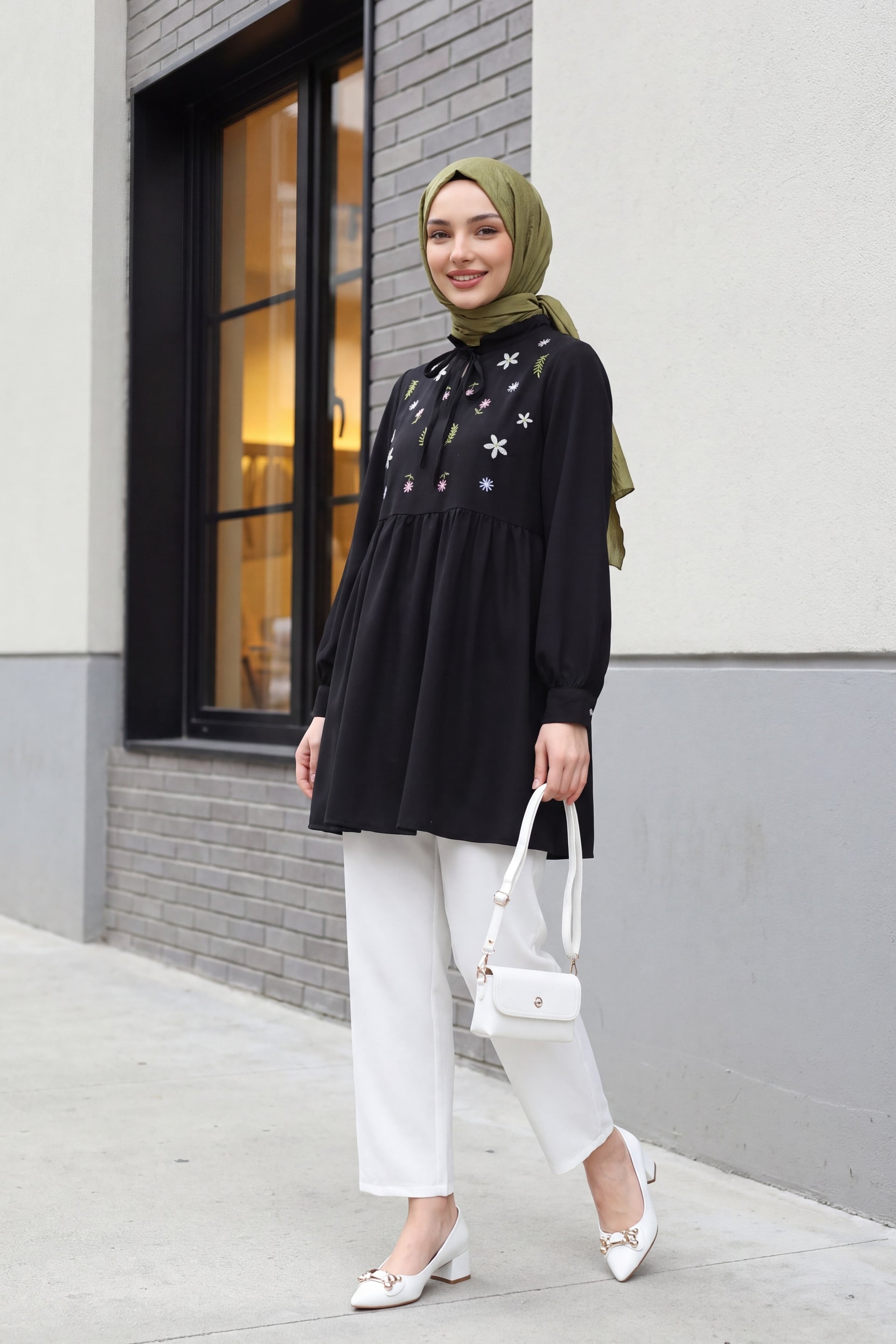 V-Neck Tie-Front Ruffled Floral Embroidered Poplin Tunic - Black - Podyumplus - by Peralane - photo 6