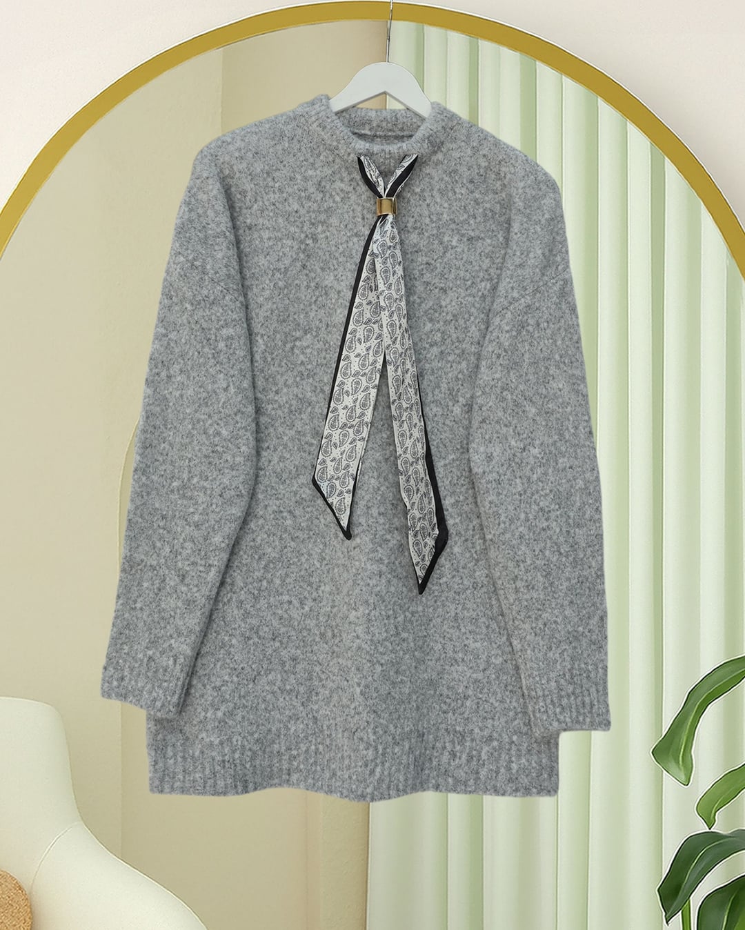 Soft-touch Knit Sweater with Scarf Detail - Light Grey - Podyumplus - by Peralane - photo 2
