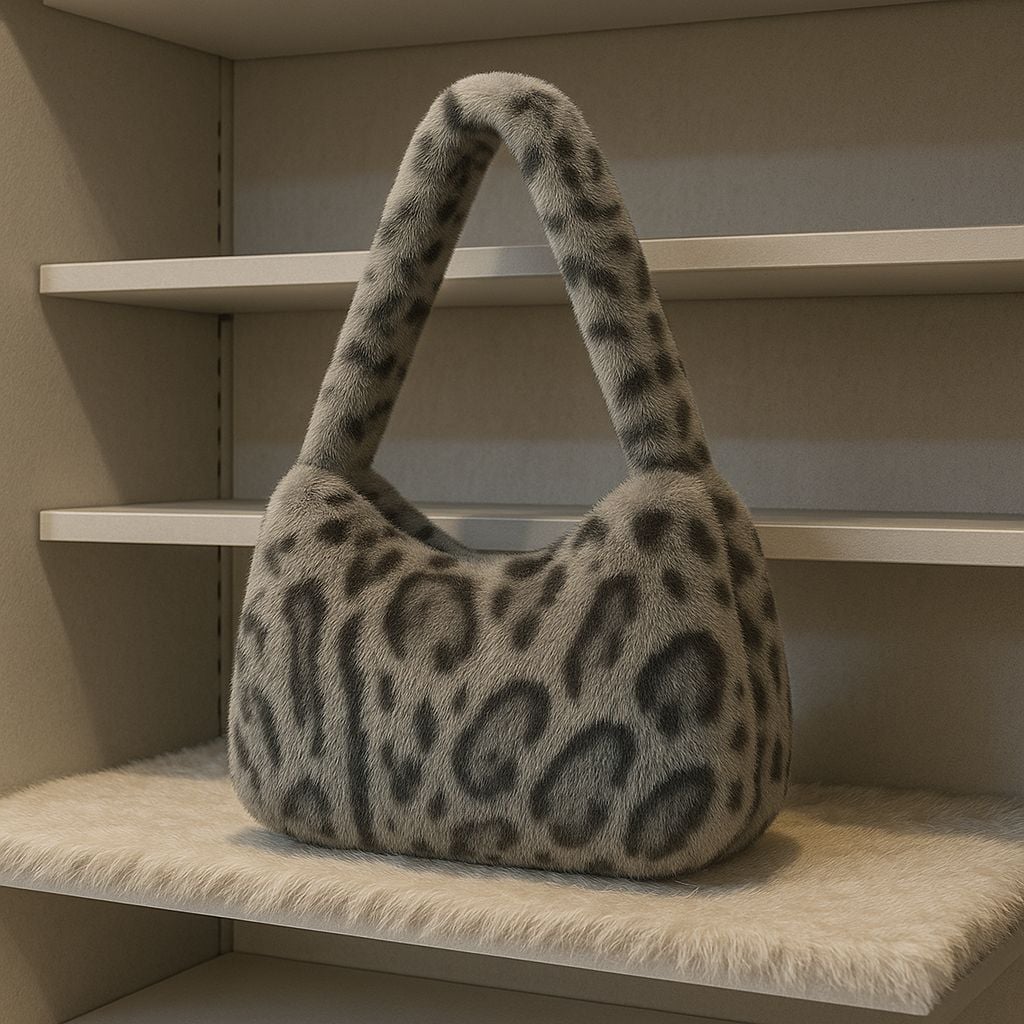 Grey Leopard Print Furry Shoulder Bag with Zip - Nesvay - by Peralane