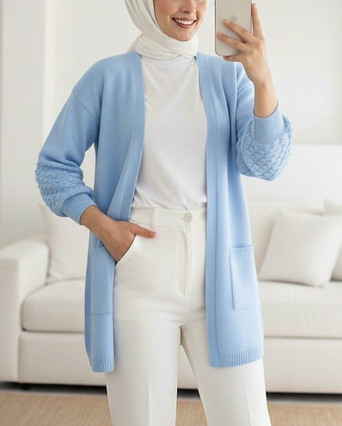 Balloon Sleeve Cardigan with Pom-Pom Detail and Pockets - Baby Blue - Podyumplus - by Peralane - photo 2