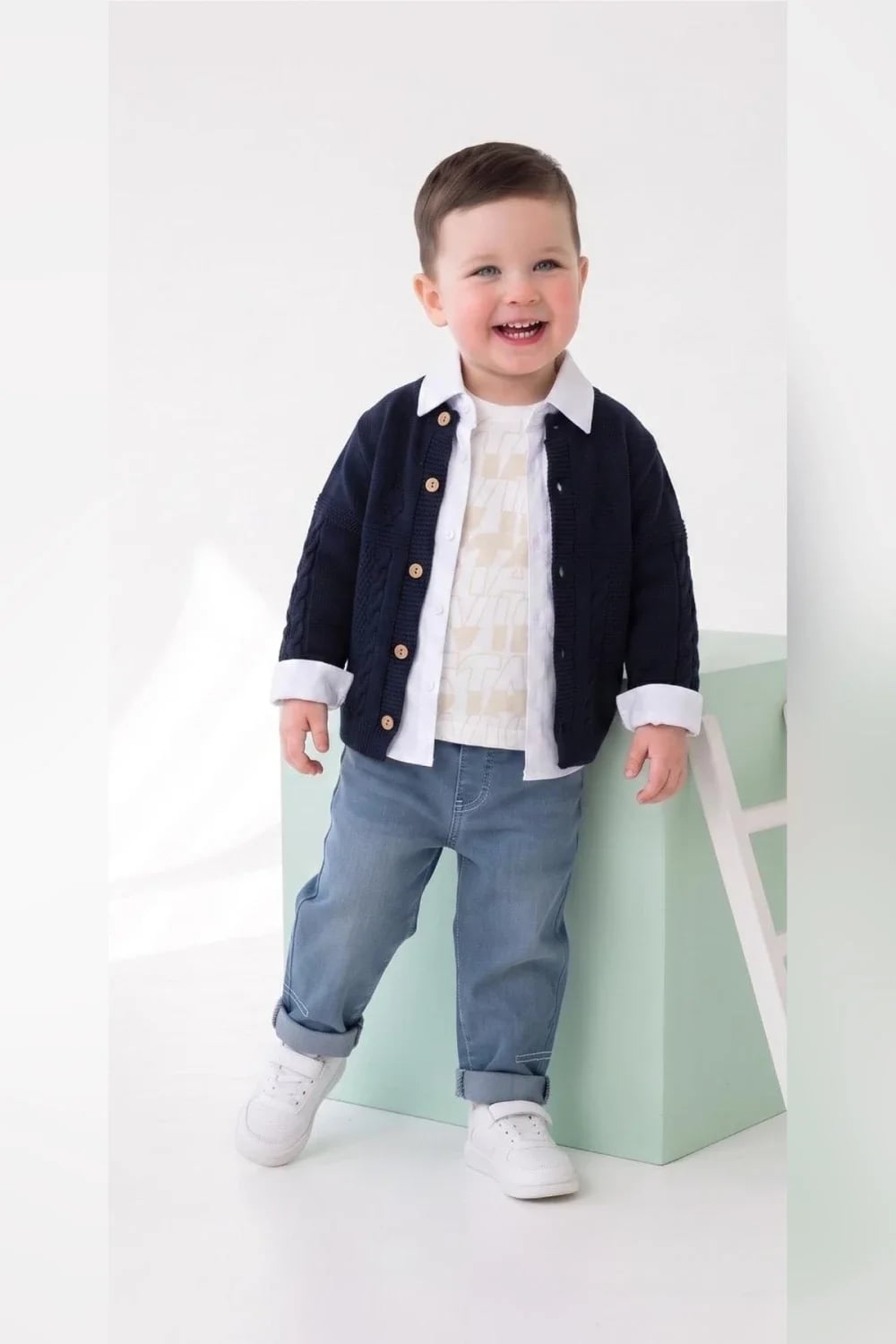 Boys' Navy Cable Knit Cardigan and White T-Shirt Set - 4 Pack - Has Bereket - by Peralane