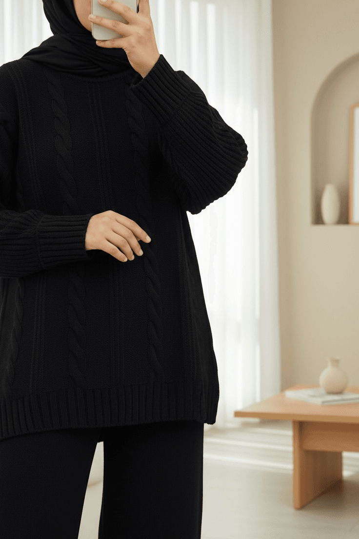 Black Cable-Knit Sweater and Trousers Set with Button Detail - Podyumplus - by Peralane