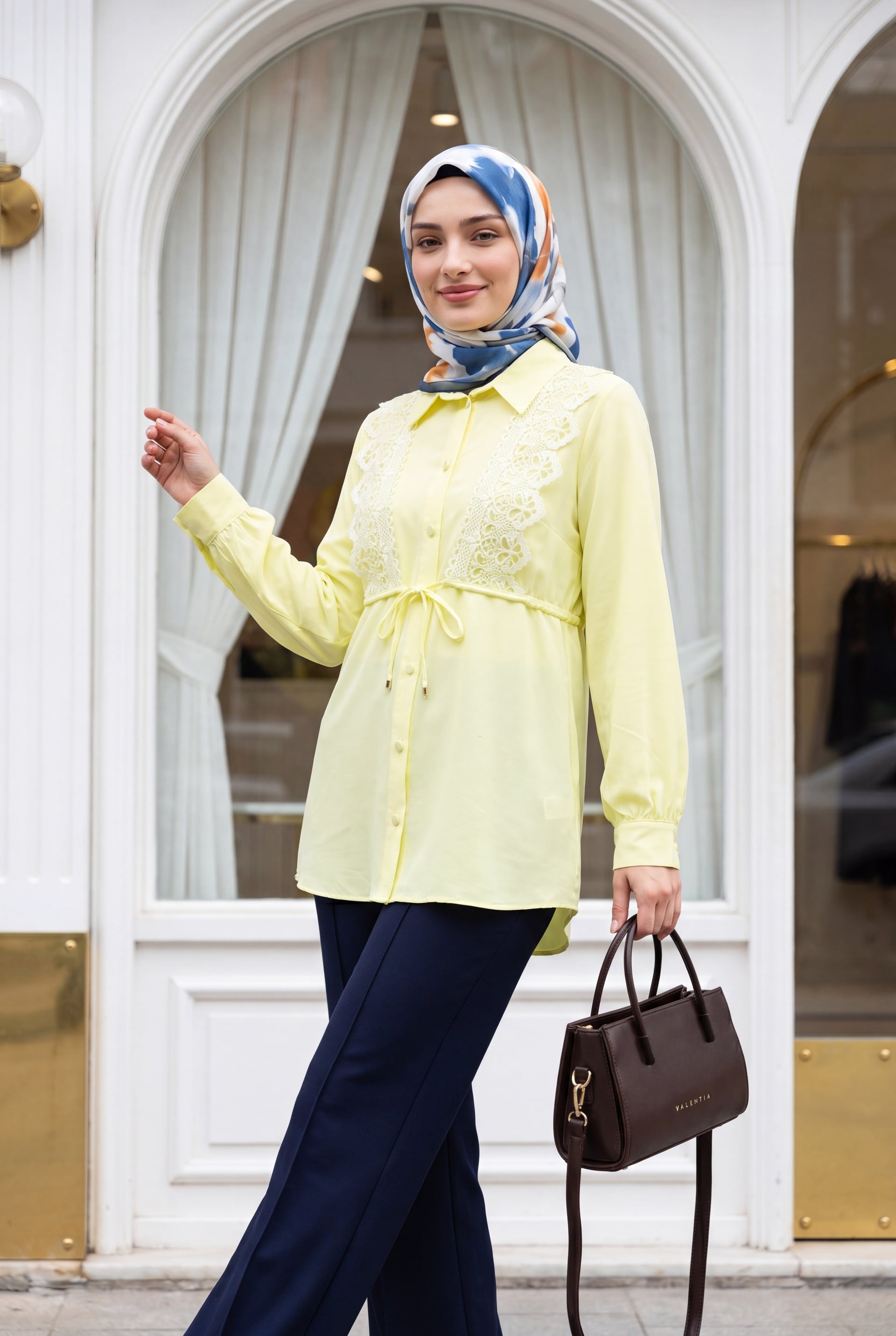 Lace Front Poplin Tunic with Drawstring Waist - Pale Yellow - Podyumplus - by Peralane - photo 2