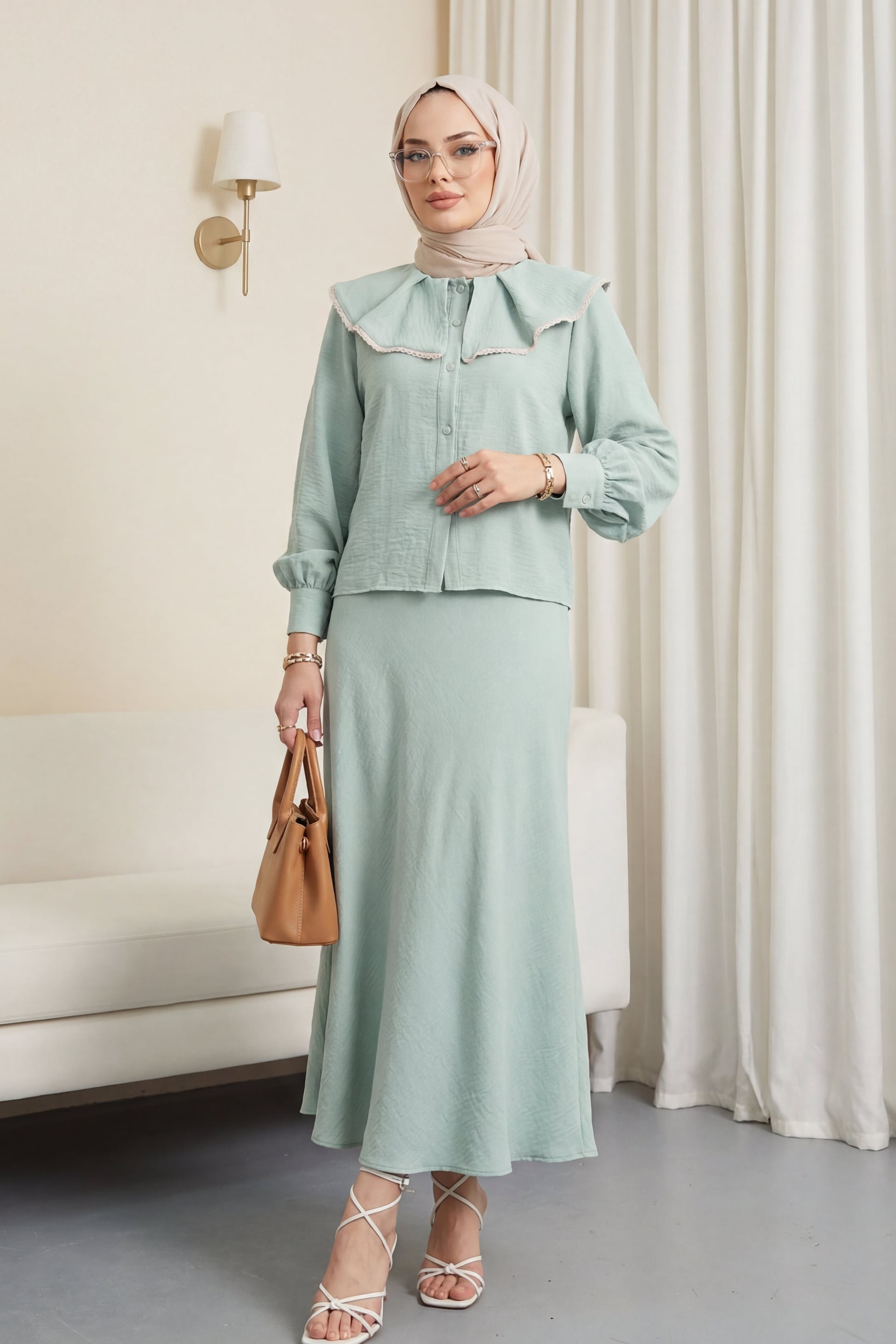 Lace Trimmed Lettuce Edge Pure Linen Look Skirt Suit - Mint Green - Podyumplus - by Peralane - photo 4