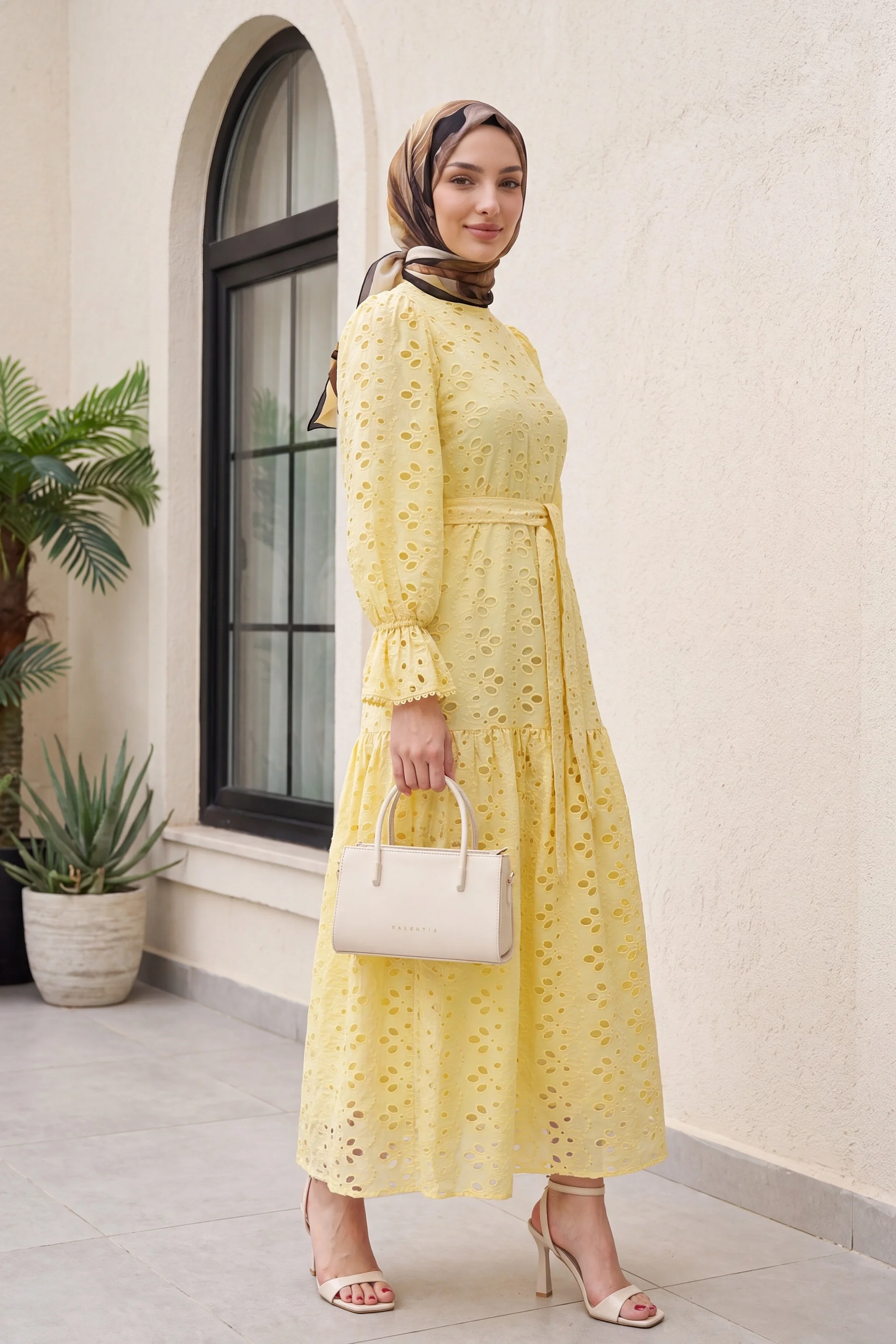Yellow Broderie Anglaise Long Dress with Puff Sleeves - Podyumplus - by Peralane - photo 3