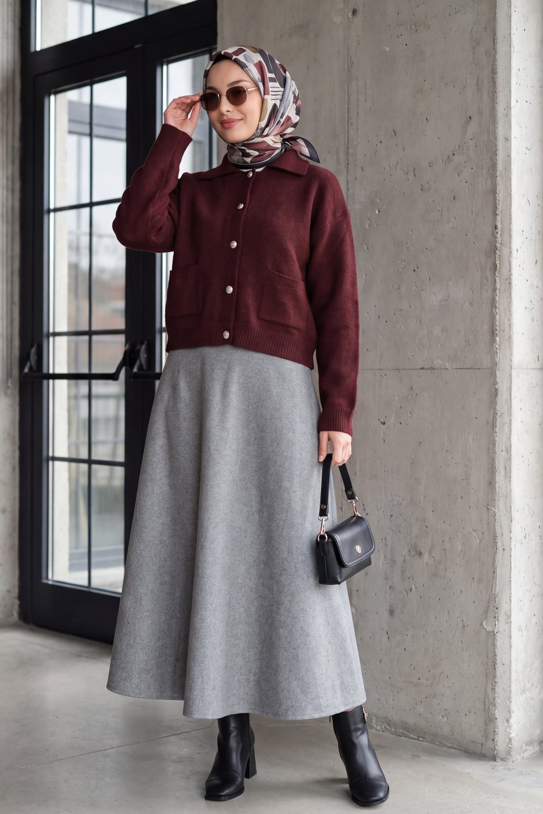 Maroon Collared Button-Down Knit Cardigan with Pockets - Podyumplus - by Peralane - photo 4
