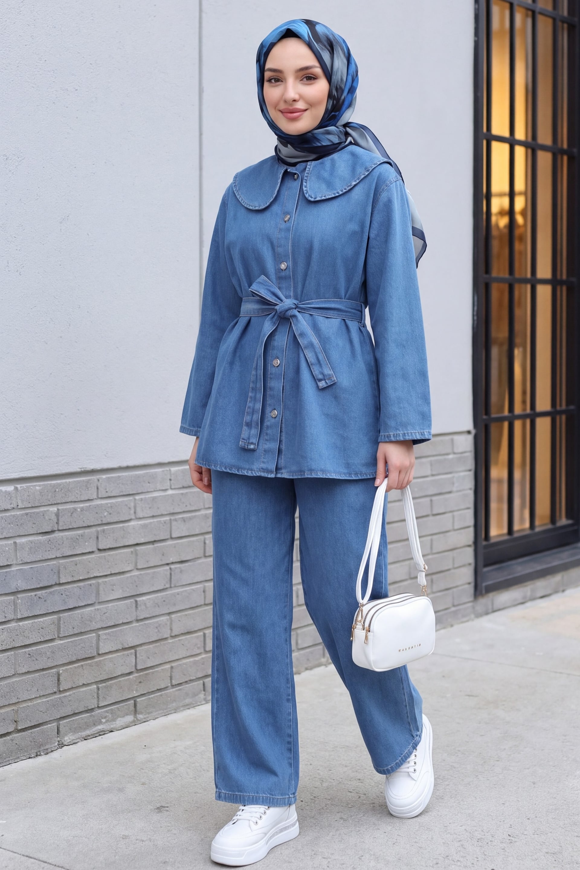 Women's Denim Co-ord Set with Tunic Top and Straight-Leg Trousers - Ice Blue - Podyumplus - by Peralane - photo 3