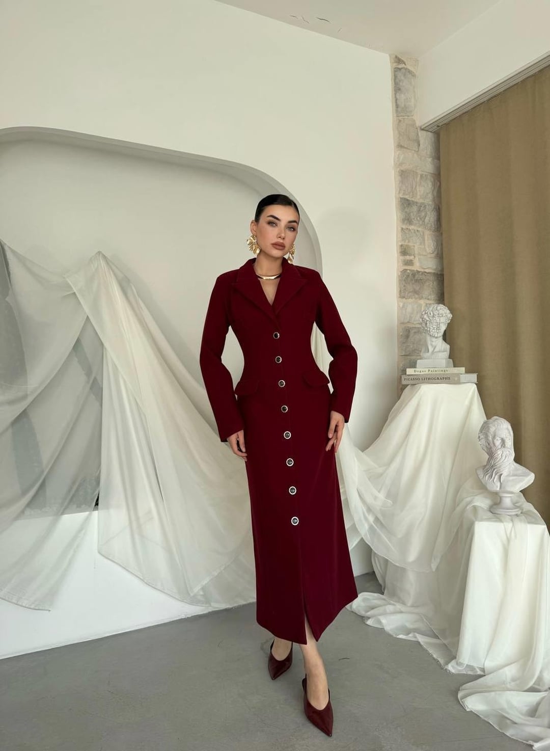 Women's Bordeaux Single-Breasted Coat with Notched Lapel and Flap Pockets - Etika - by Peralane - photo 6