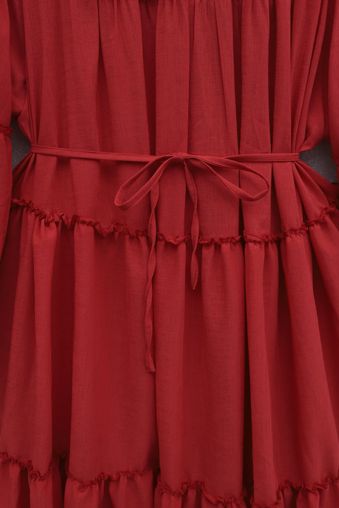 Women's Red Tiered Ruffle Sleeve Dress with Tie Waist - Podyumplus - by Peralane - photo 7