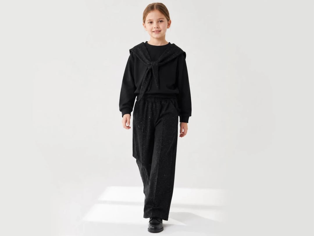 Girls' 5-Piece Speckled Sweatshirt and Trousers Set with Sailor Collar - Black - Incilay - by Peralane