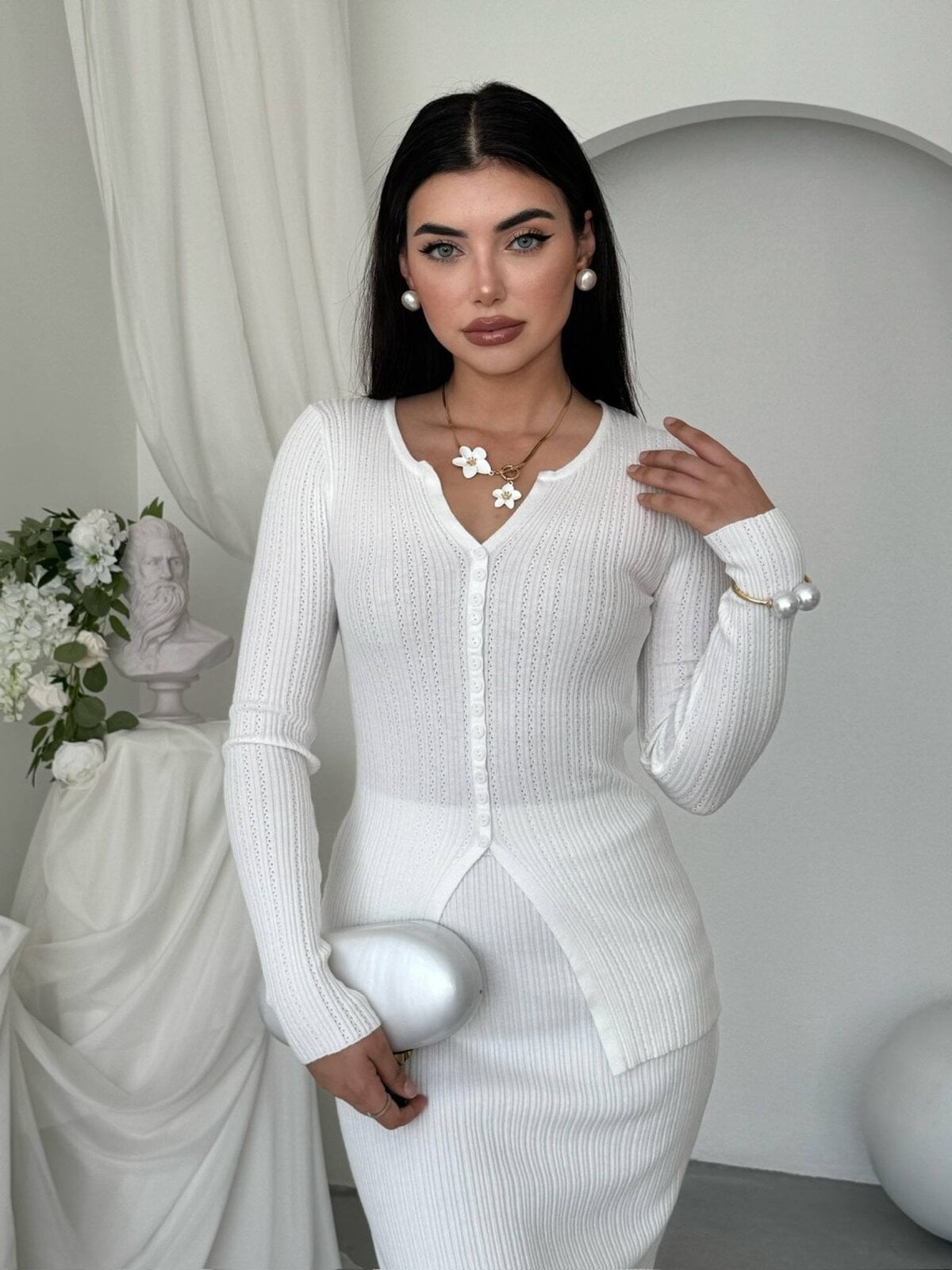 Women's White Ribbed Knit Two-Piece Set with Top and Midi Skirt - Etika - by Peralane - photo 5