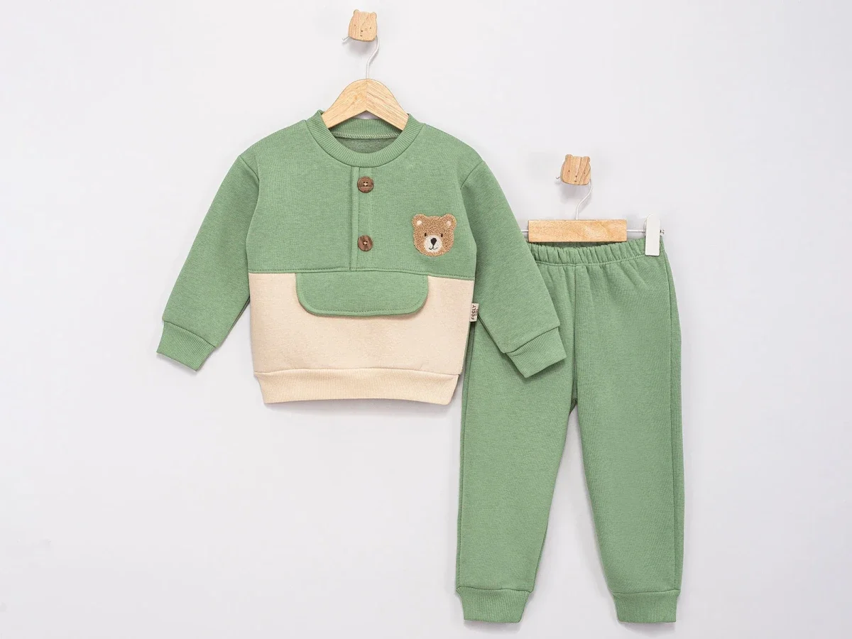 Boys' Long-Sleeve Top and Trousers Set with Teddy Bear Embroidery - Pistachio Green - Feely Kids - by Peralane