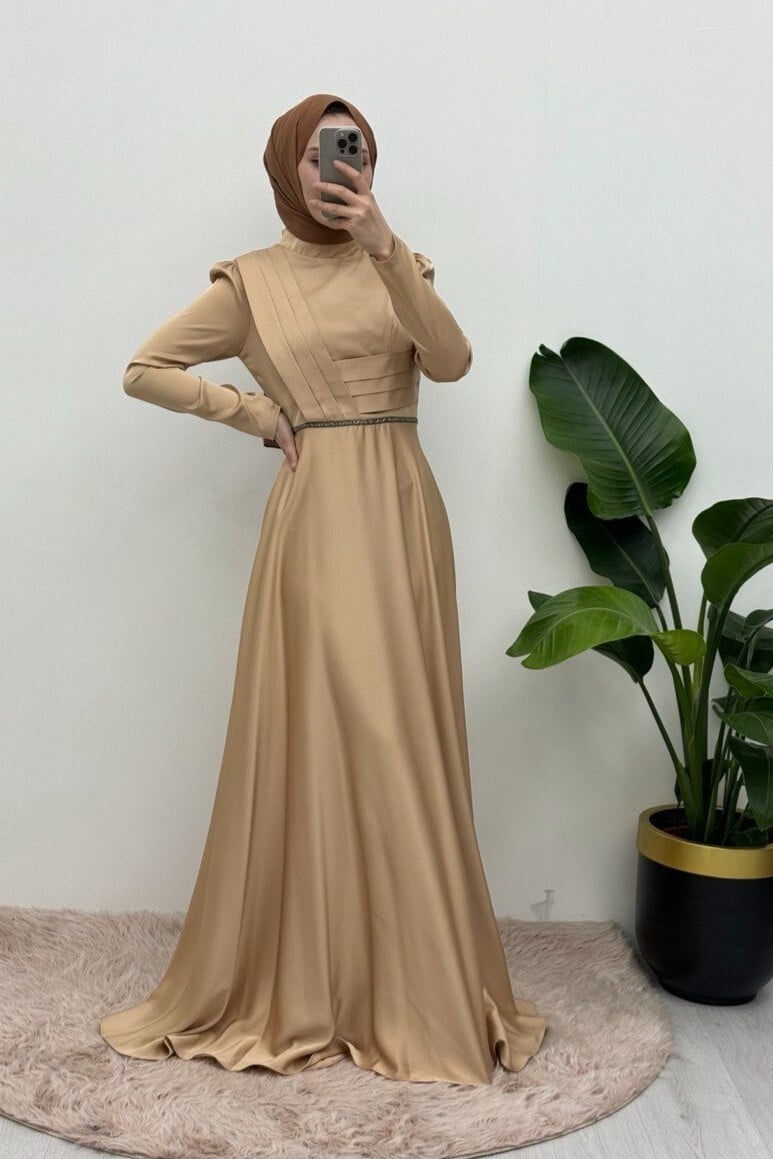 Beaded Belt Satin Evening Dress with Draped Front - Champagne - Podyumplus - by Peralane - photo 3
